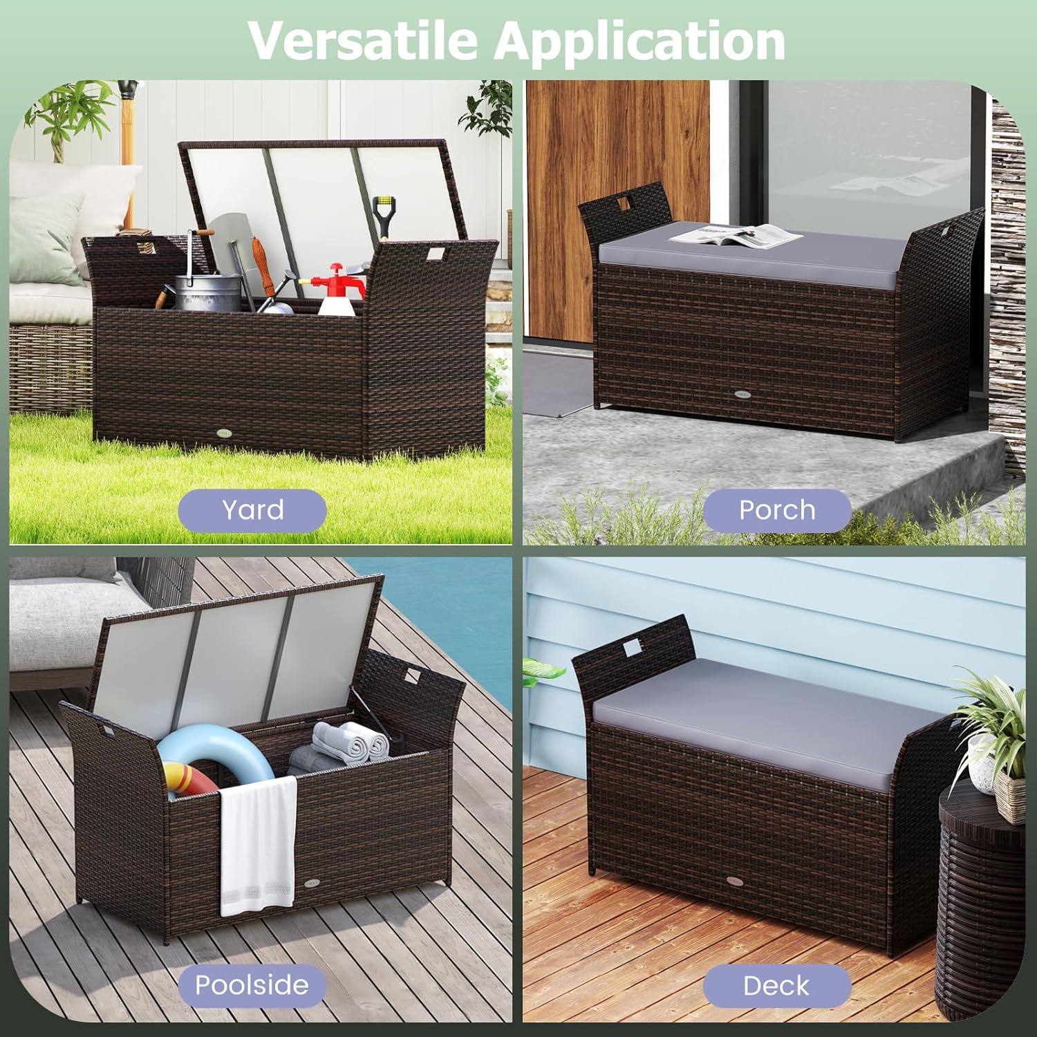 RELAX4LIFE Wicker Outdoor Storage Bench - 68 Gallon Rattan Deck Box w/Side Handles & Soft Cushion for Pillows, Garden Tools, Pool Accessories, Sports Equipment, Patio Bench with Storage for Porch