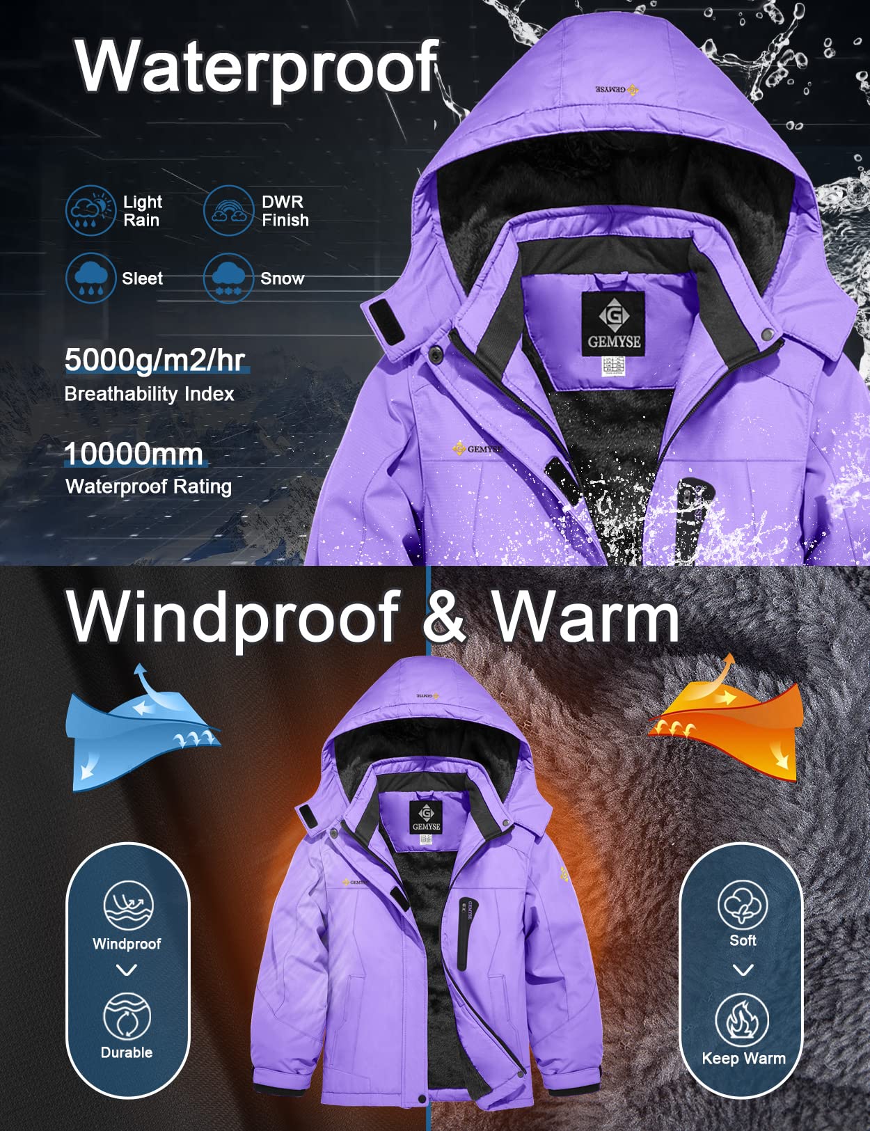 GEMYSE Mädchen Wasserdichte Skijacke Winddichte Fleece Outdoor Winterjacke Regenjacke mit Kapuze