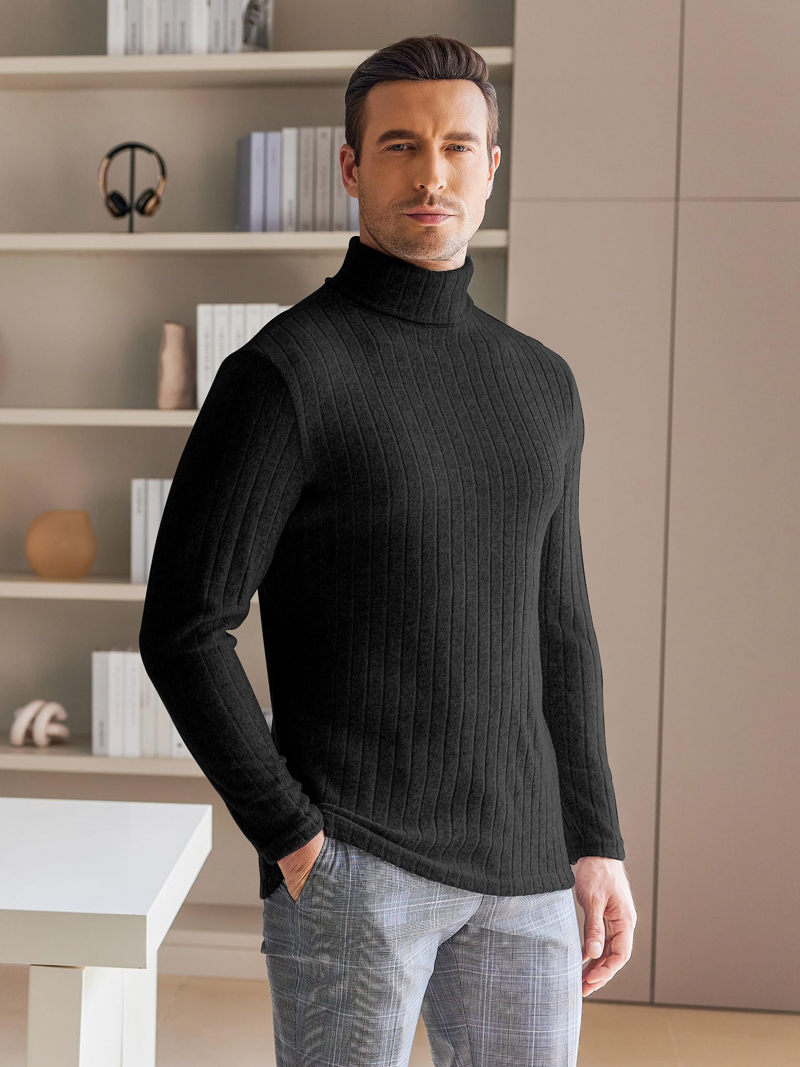 Ekouaer Męska termiczna górna warstwa bazowa golf z długim rękawem slim fit sweter jesień zima bielizna termiczna prążkowana lekka S-XXL