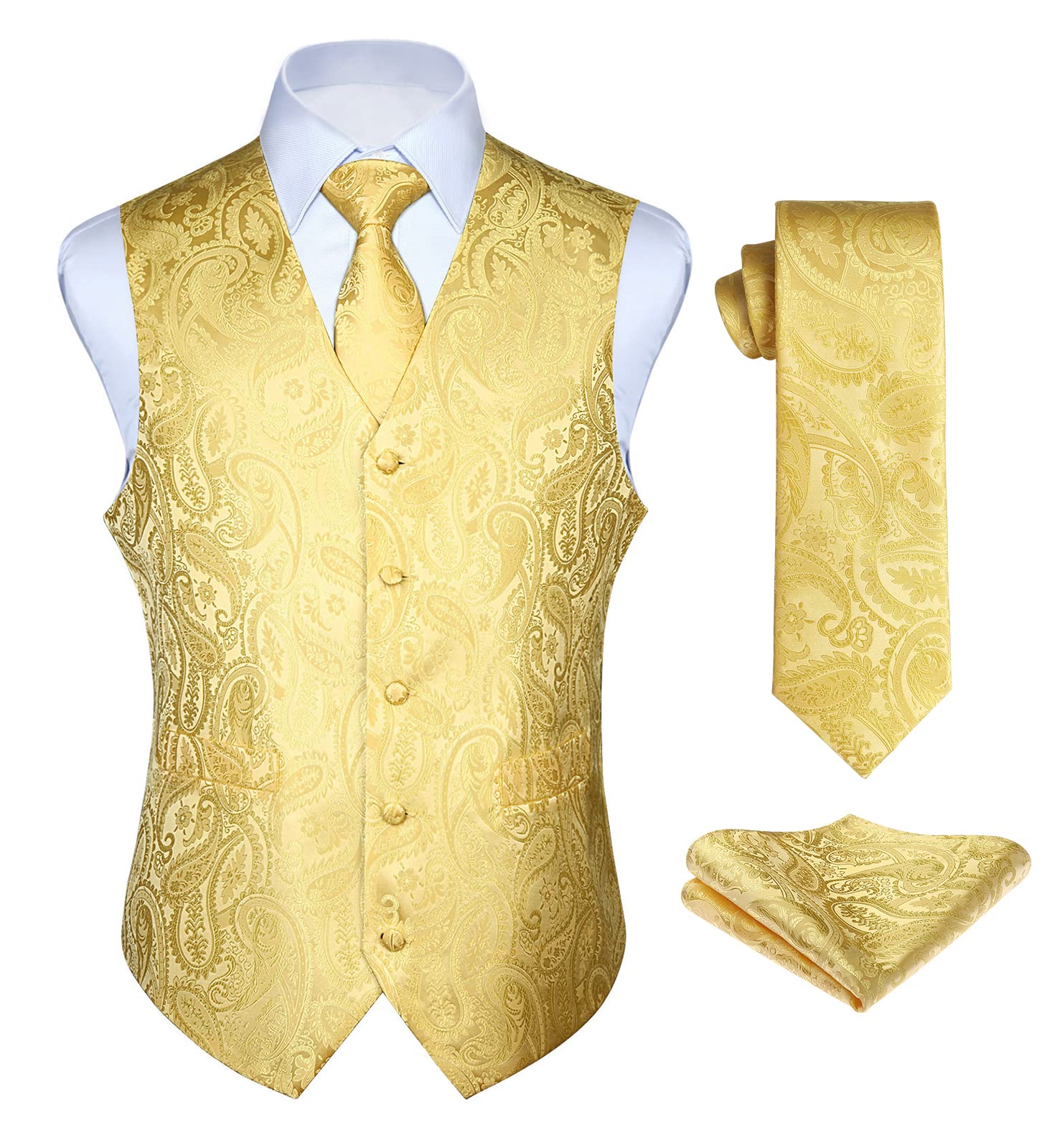 HISDERN Vest and Tie Sets for Men Vests Paisley Floral Jacquard Necktie Pocket Square 3PCS Waistcoat for Suit or Tuxedo