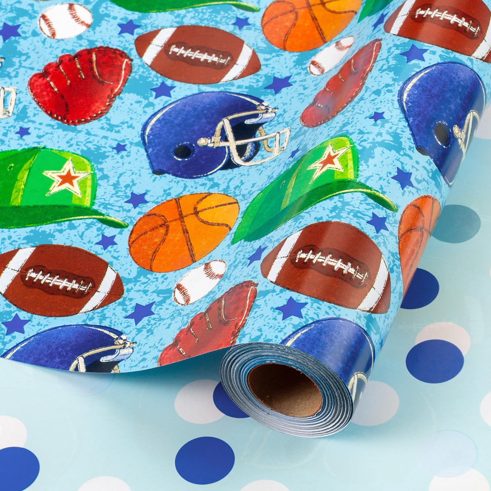 Wikadlik Blaues Geschenkpapier – 43 cm x 10 m Mini-Rolle – Ball mit Sportmotiven und Punkten, wendbares Geschenkpapier für Babyparty, Jungen, Kinder, Geburtstag