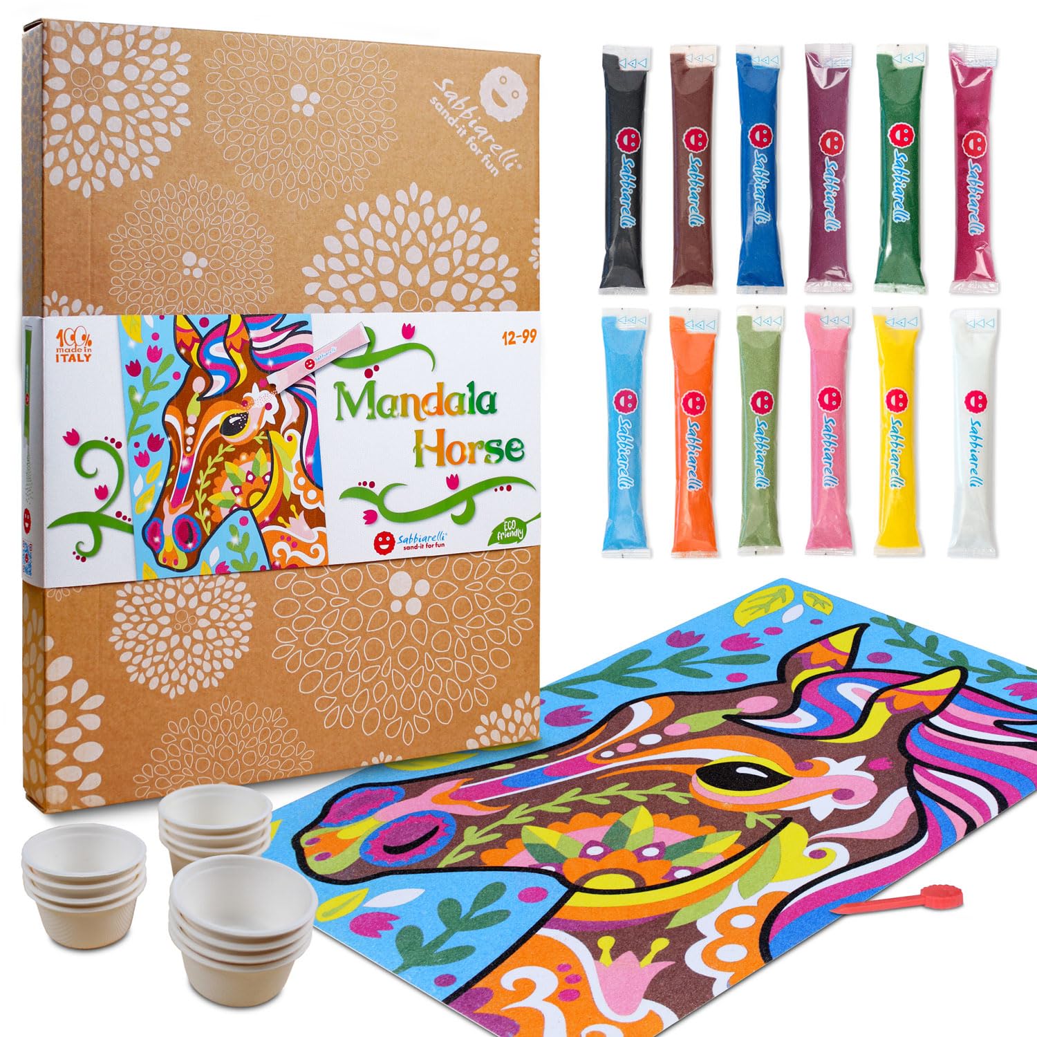 Sabbiarelli Sand-it For Fun – Maxi Set Mandala Cavallo 12-99 | Kit di Sand Art 100% Made in Italy con Sabbia Colorata, 1 Poster Adesivo e Accessori | Hobby Creativo Facile, Relax per Ragazzi e Adulti