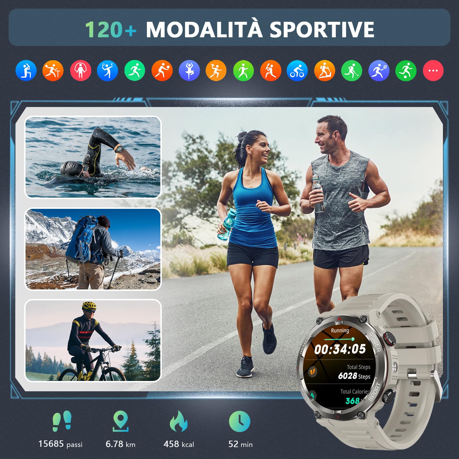 Smartwatch Uomo, Orologio Smartwatch Uomo con Torcia/Bussola, 1.45" Orologio Intelligente con Effettua/Risposta, 120+Modalità Sportive, 2 Cinturini, Smart Watch per Android iOS