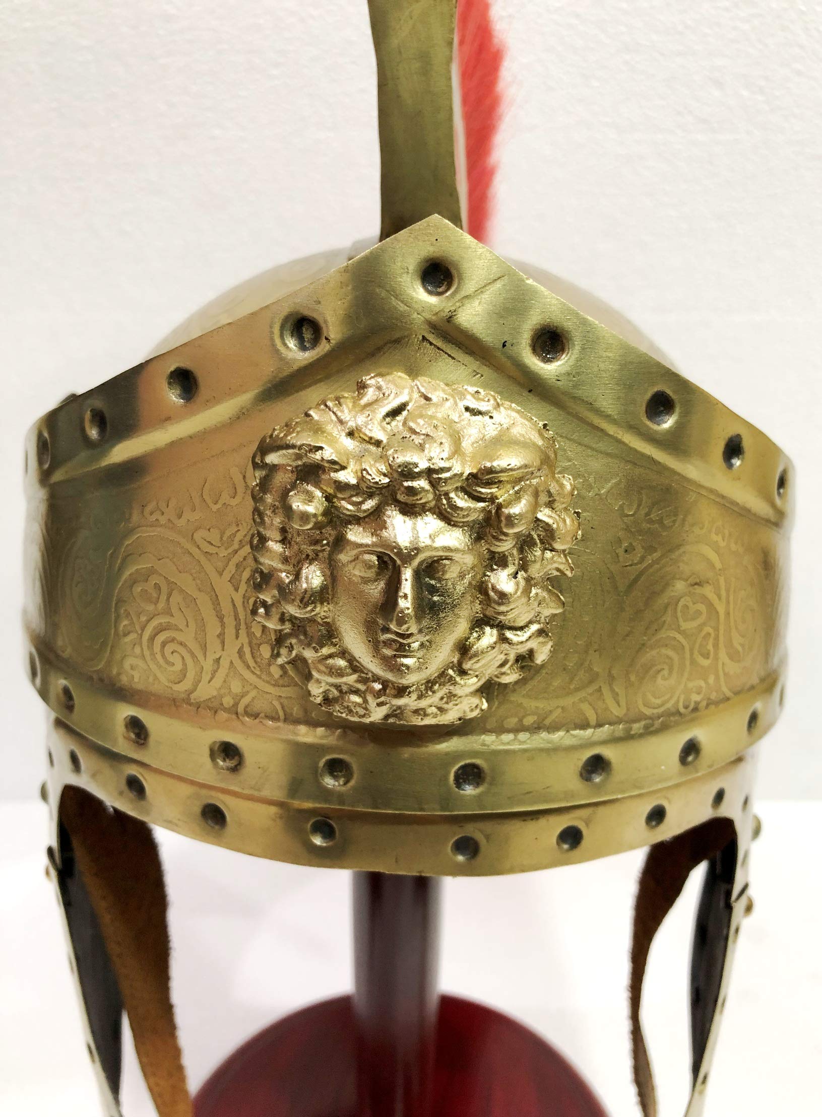 Antique Casque médiéval romain Centurion vintage armure rouge crête plume spartiates avec support en bois