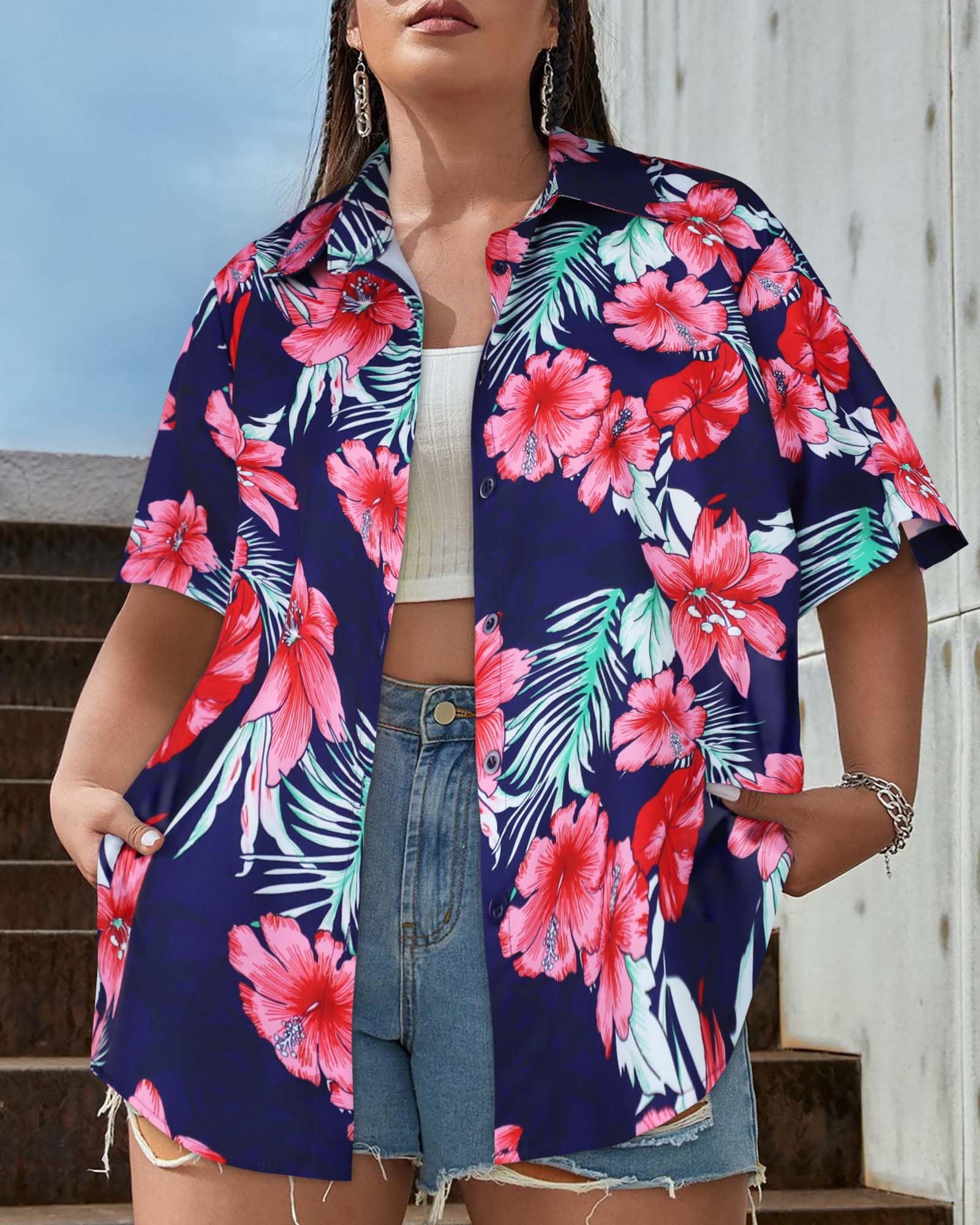 Gosunny Chemise hawaïenne pour femme - Chemise d'été tropicale hawaïenne à manches courtes - Chemisier de plage avec boutons