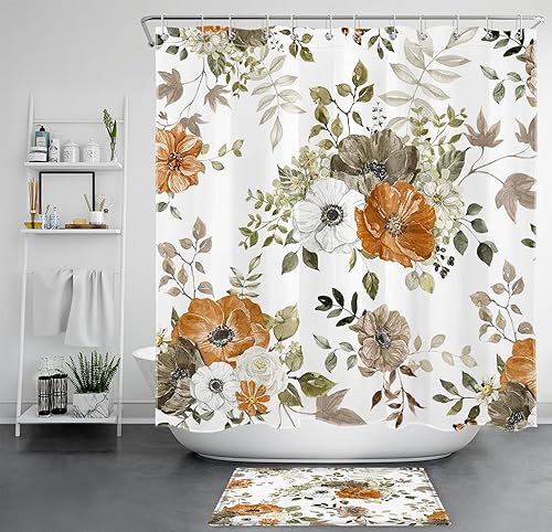 LB Grey and Orange Flower Shower Curtain Sets with Rugs Autumn Country Plant Watercolor Floral on White Fabric Shower Curtain with Hooks Fall