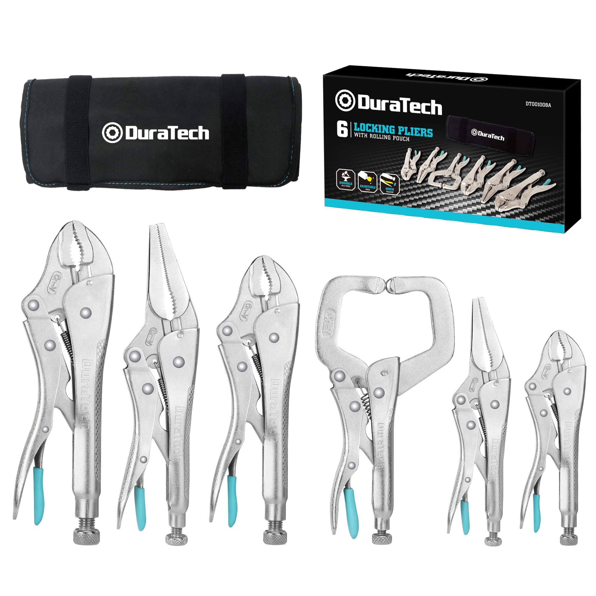 DURATECH Jeu de 6 Pinces-Étaux avec 2 Becs Longs de 16,5 cm et 24 cm, 3 Mâchoires Courbes de 12,7 cm, 17,8 cm et 25,4 cm et 1 C-clamp de 15 cm, Étui Roulable Pratique pour Bricolage et Réparation