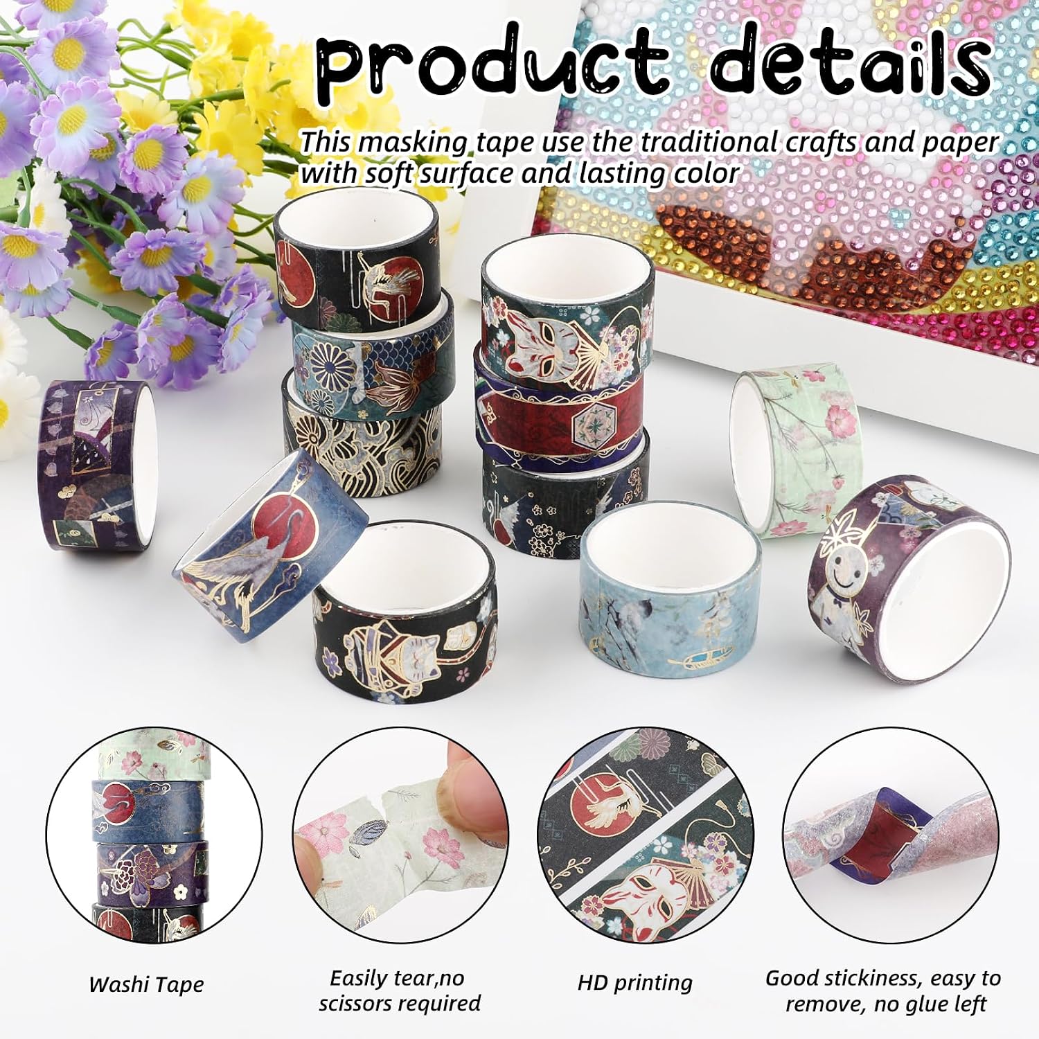 12 Rolls Vintage Gold Washi Tape Set, Gold Foil Cat Mask Pattern Decorative Tape,Japanese Arts Decorative Masking Tapes for DIY Scrapbook Design Journaling Handbook Making Card Wrap Craft Gift