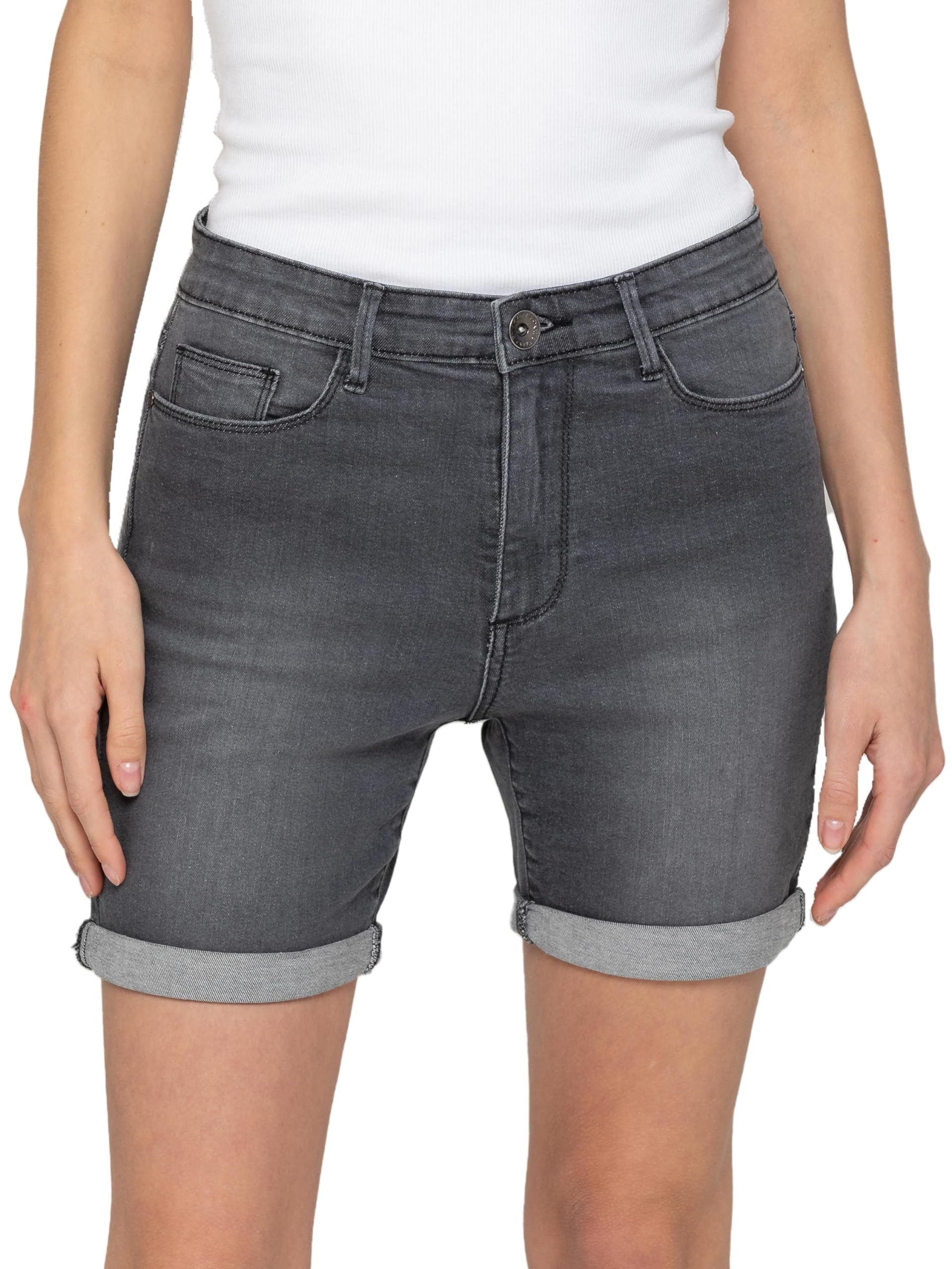 989Zé Enzo Women's Grey Denim Shorts Skinny Stretch Slim Fit Above The Knee Turn Up Summer Shorts 8