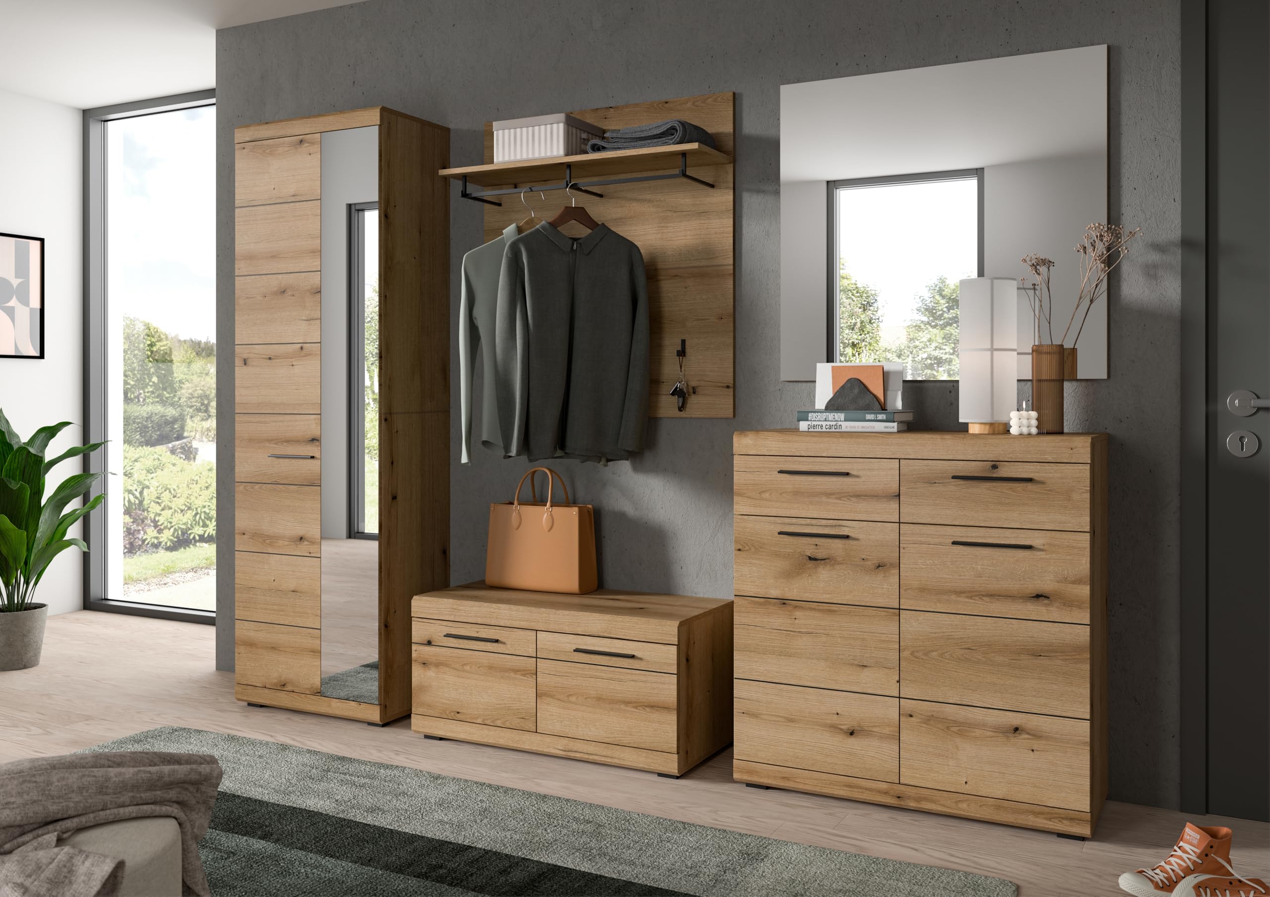 xonox.home Garderobe Scout Wandpaneel Paneel Wandboard Wandgarderobe Garderobenwand Garderobenpaneel Flurpaneel in Evoke Oak Eiche Nb., ca. 90x98x27 cm