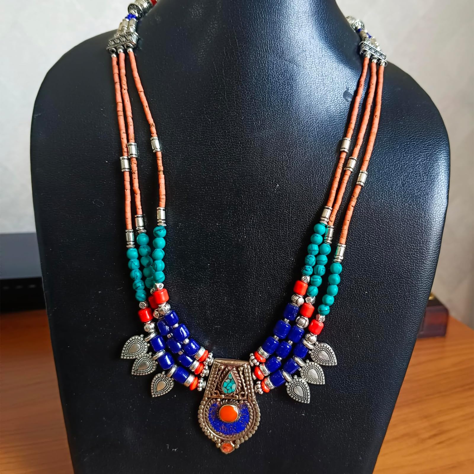 Collier Fait Main Pierre Gemme Lapis Lazuli et Turquoise, Bijoux Mode Bohème Pour Femme, Longueur 18"