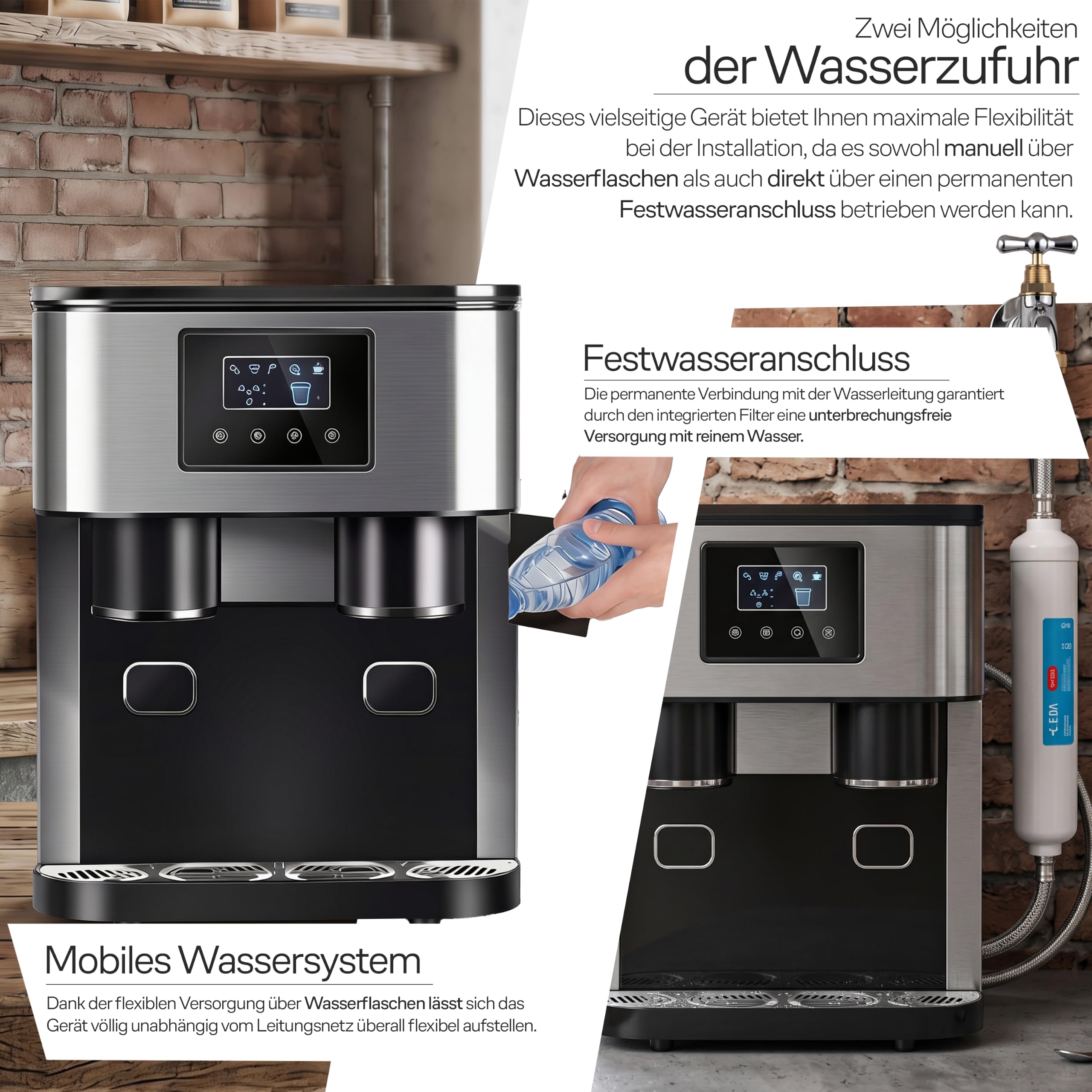 Retoo Premium 3 in 1 Eiswürfelmaschine mit Crushed Ice & Wasserspender, 18kg/24h, 16 Eiswürfel in 8–10 Min, Ice Maker für Cocktails, Whisky & Zuhause, Touchpanel, 2 Eisgrößen