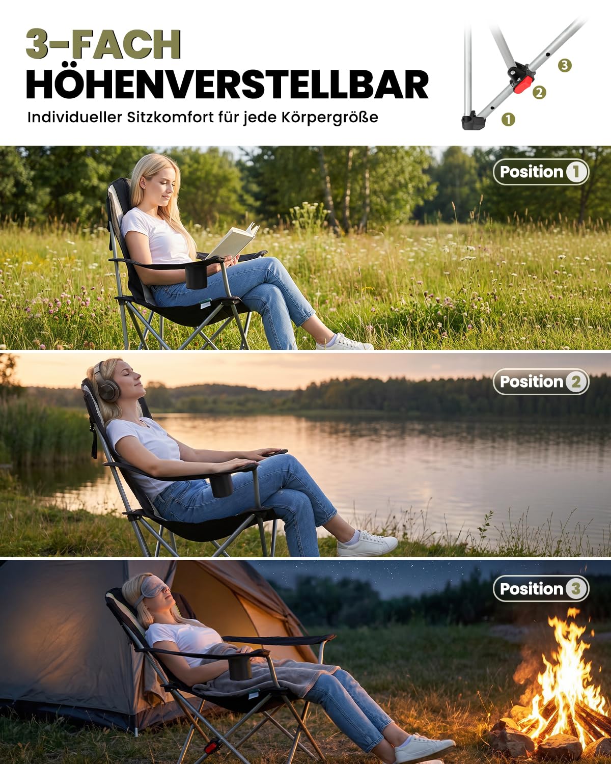 Homecall Campingstuhl Faltbar 150 KG Belastbar Camping Stuhl mit Armlehnen, Becherhalter, Abnehmbares Kissen, Tragetasche - Anglerstuhl Klappstuhl für Outdoors