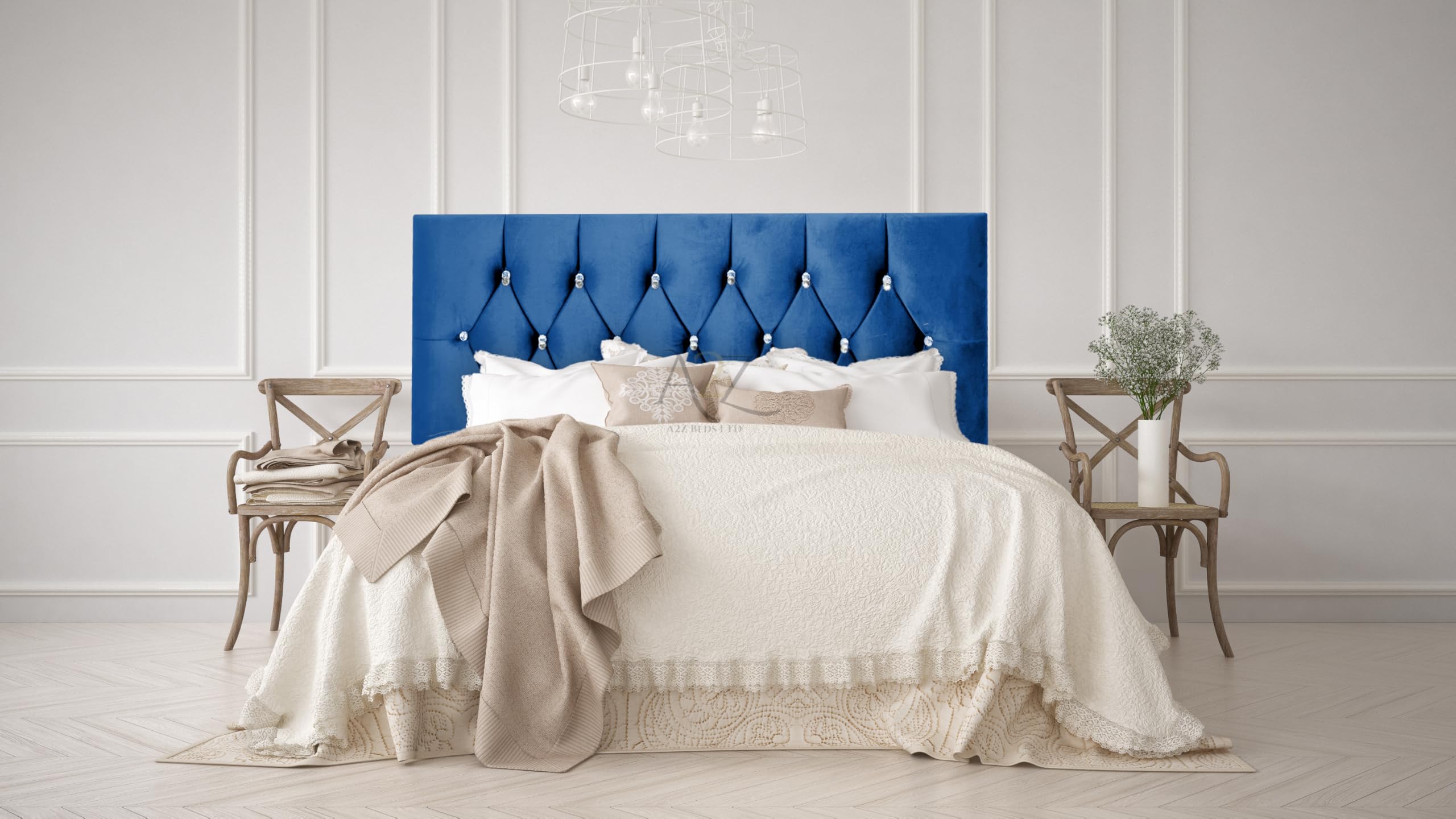 Chesterfield 20" Headboard Plush Velvet 3FT-4FT-4FT6-5FT-6FT (Blue, 5FT King)