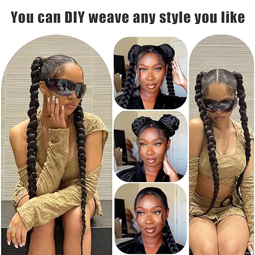 Miniatura 9 de Extensión de cola de caballo trenzada para mujeres negras, 36 pulgadas de largo, envoltura recta con trenza y banda para el cabello, 1B