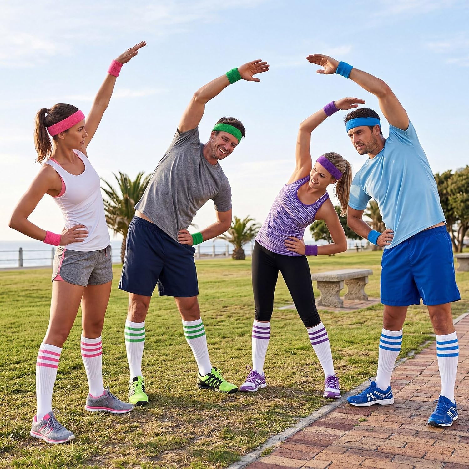 Zeyune 20 Pcs Sports Sweatband Set 4 Headband 8 Wrist Bands for Sweat 4 Pairs of Socks for Football Running CyclingTennis