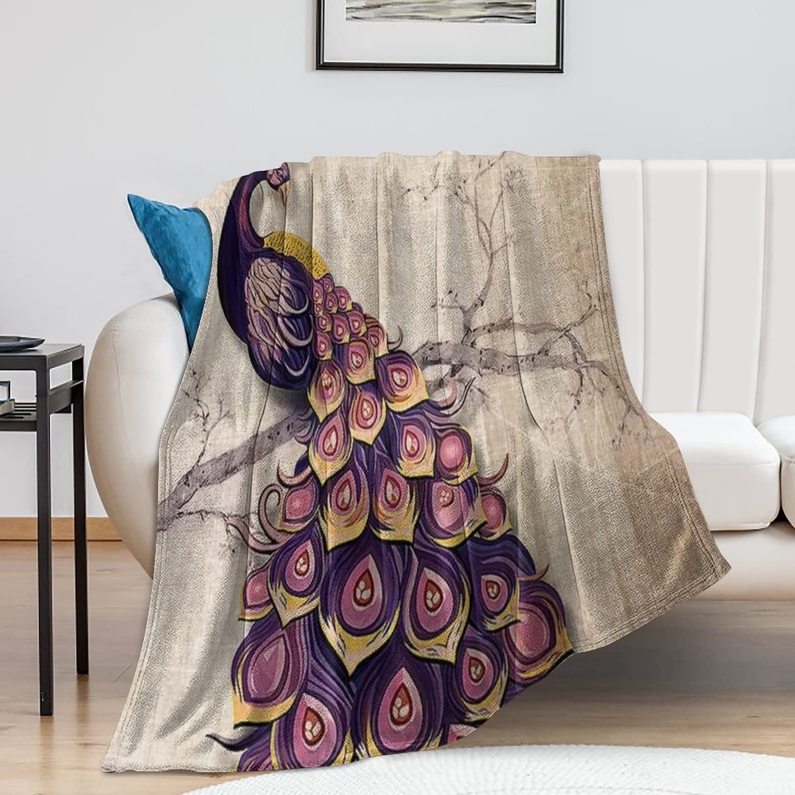 Couverture en flanelle de style bohème avec motif paon artistique