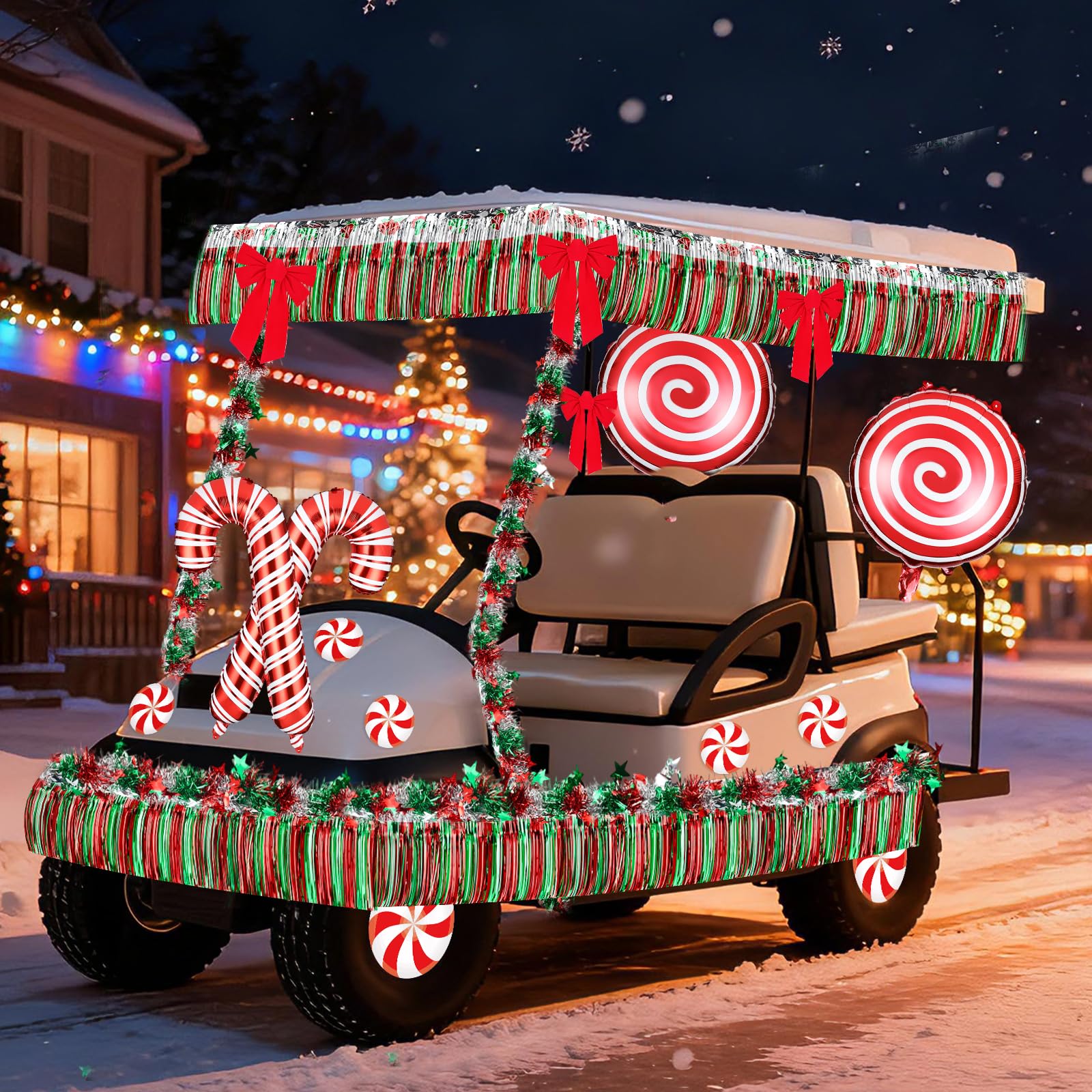 21 Pcs Golf Cart Christmas Decorations Golf Cart Parade Kit Foil Fringe Candy Cane Balloons Windmill Balloons Red Christmas Bow Stickers for Party Supplies Decor