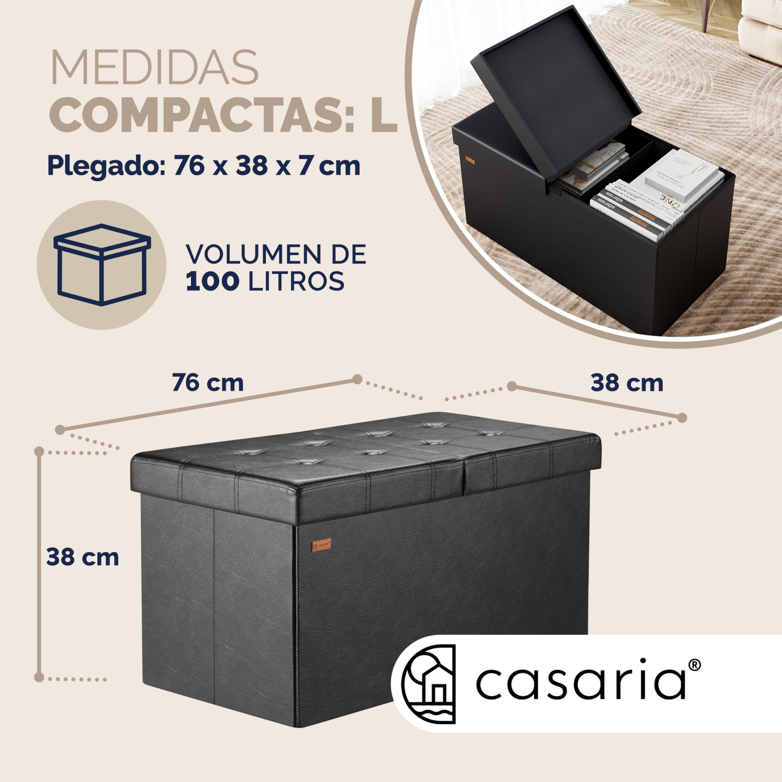 CASARIA® Banco Almacenaje Baúl Capacidad 100L Carga hasta 300kg Resistente 80x40x40cm Puff Otomana Plegable Tapizado Acolchado Salón Dormitorio Entrada Negro