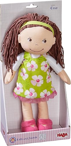 Miniatura 8 de HABA Coco - Muñeca de bebé suave de 12 pulgadas con pelo castaño, cara bordada, vestido verde extraíble, diadema a juego, lavable a máquina, 18