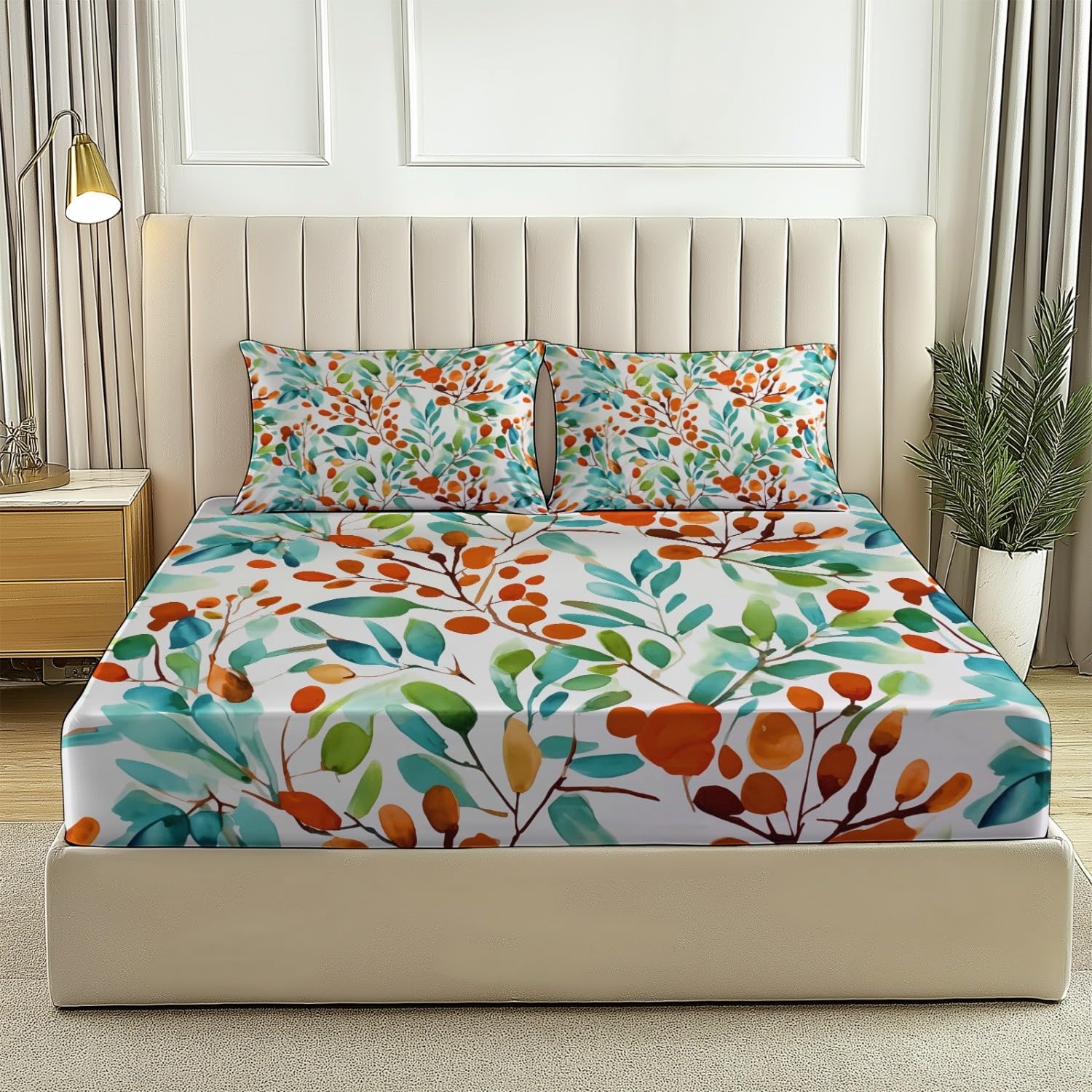 Drap Housse Doux Aquarelle Feuilles Baies Imprimer, 140 x 190 cm Résistance à la Déchirure Drap-Housse avec Poche 30 cm de Profondeur, Bleu Ensembles de literie pour Dortoirs Hôtels