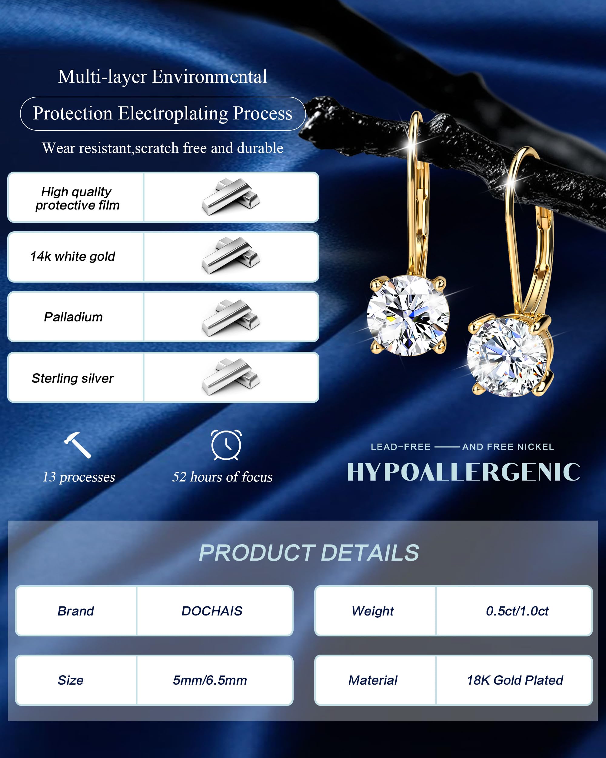 DOCHAIS Moissanite Ohrringe Silber 925 Damen Gold Tropfen Ohrringe Geschenk | Hypoallergene Weißgold Hängende Moissanite Creolen Schmuck Für Frauen Valentinstag Geburtstag Geschenk 0.5ct-1.0ct