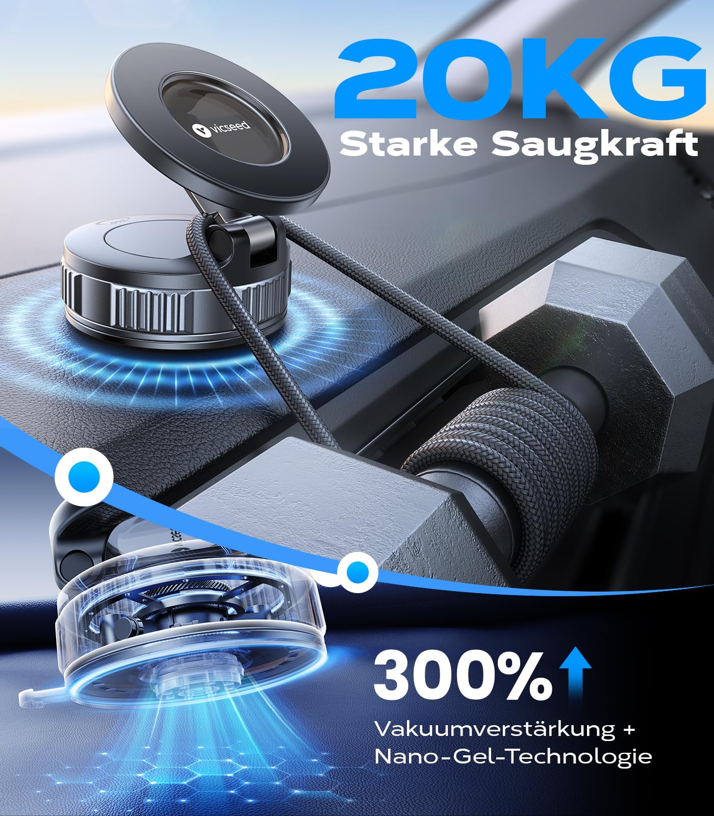 VICSEED Upgraded - Supporto magnetico a doppio strato e ventosa, girevole a 360°, per iPhone, Samsung e smartphone