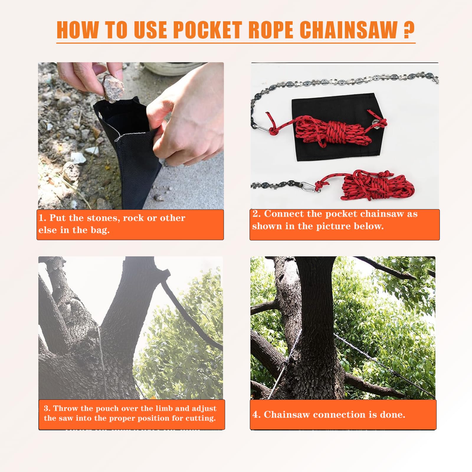 Scie à chaîne manuelle de 133 cm, scie à chaîne pour membre d'arbre haut avec 68 dents, pliante, cordes, sangle, crochet en S, mousqueton, aiguiseur, sac en tissu, tronçonneuse à main pour jardin et