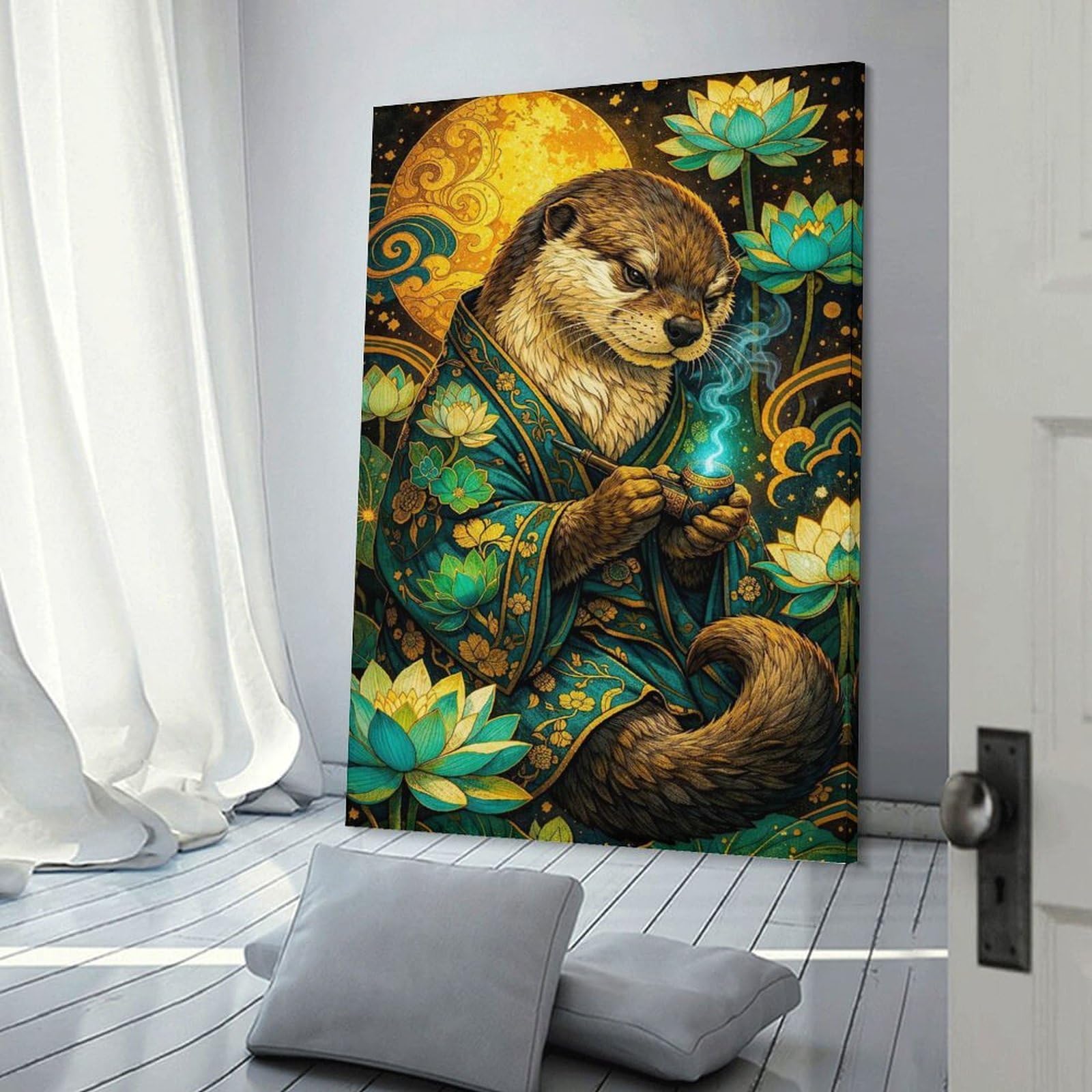 Junmoney Room Decor Wall Art Otter Smoking Pipe with Lotus Flowers, 24x36inch(60x90cm), for Living Room, Bedroom, Office Or Hallway, An Adaptable Decor Piece for Home Use