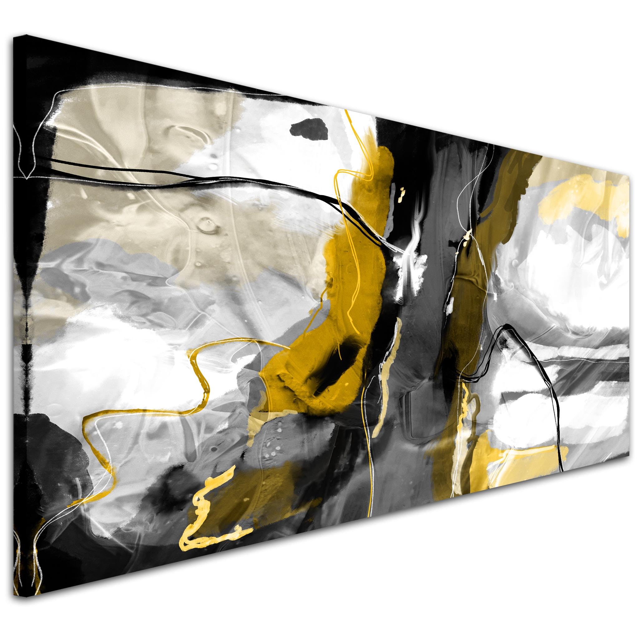 Wallfillers Abstract Mustard Grey Painting Canvas Art Pictures - 1646-118x49cm - Ready to Hang