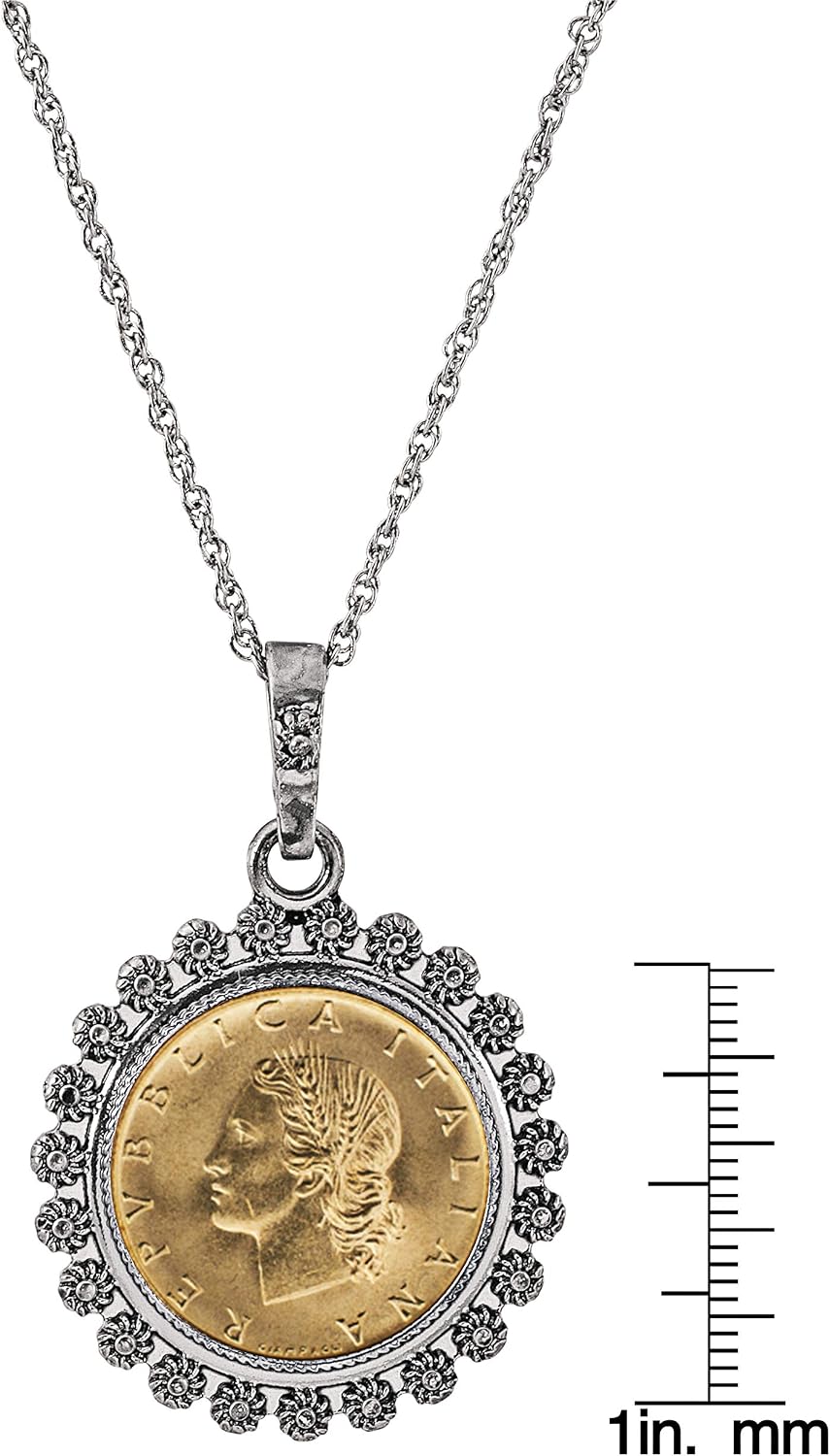 American Coin Treasures Miss Italy Italian 20 Lira Coin Pendant Necklace - Italian 20 Lira Silvertone Pendant with Blossom Bezel| Italian Medallion Pendant | 24 Inch Rope Chain