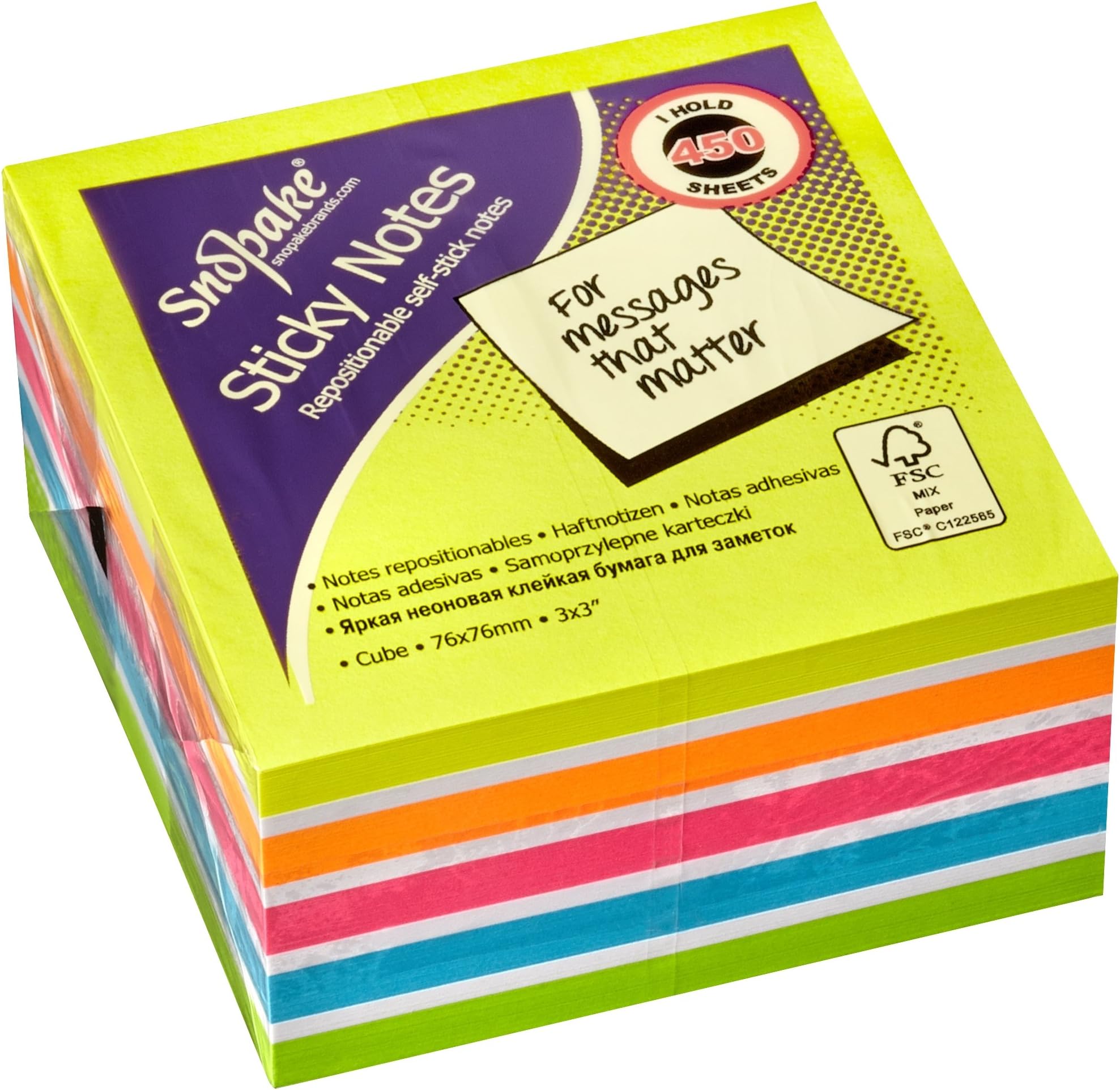 Snopake 76 x 76 mm Multicoloured Rainbow NeonMix Sticky Notes [Cube of 450 Sheets] 15761