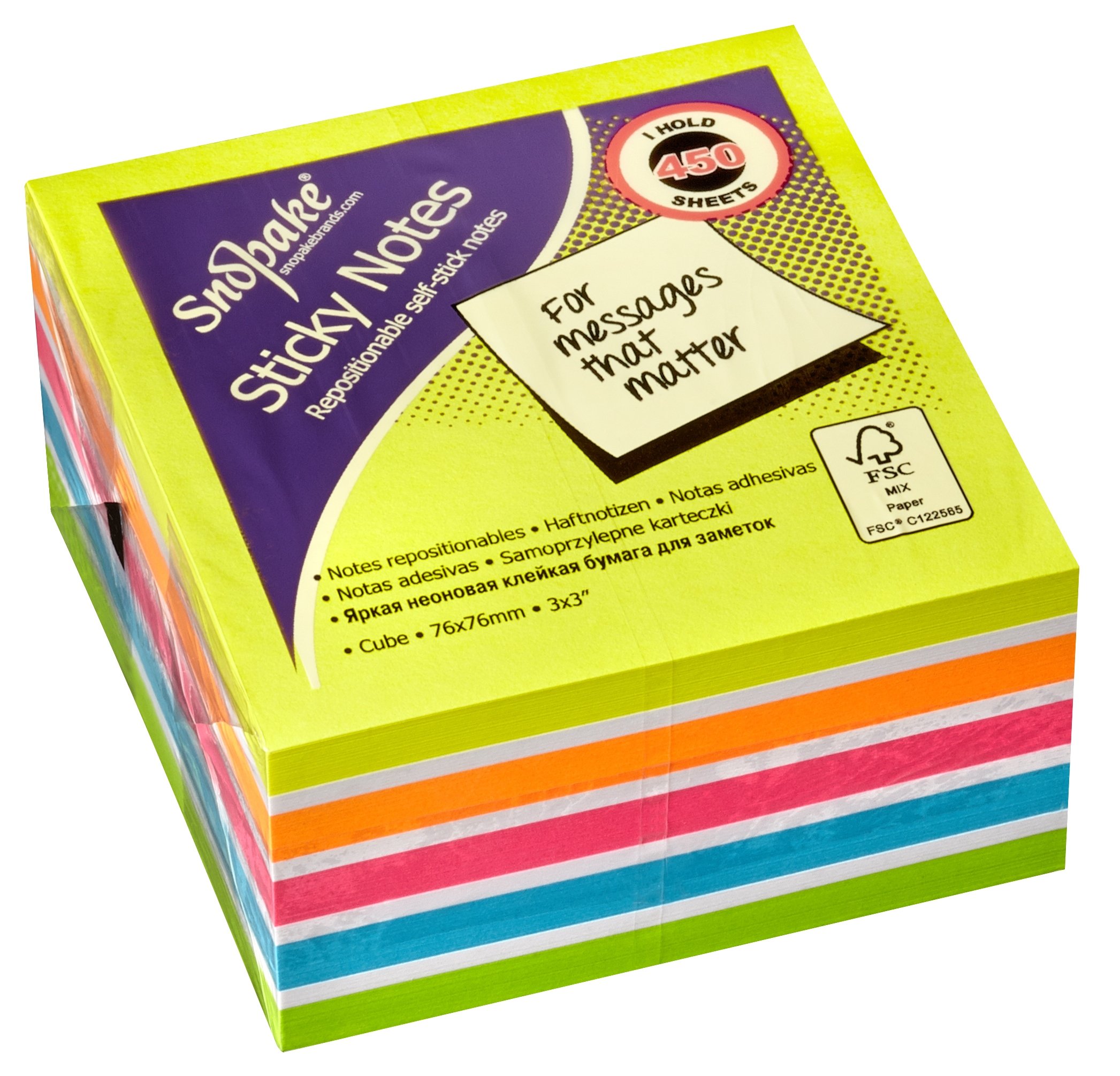 Snopake 76 x 76 mm Multicoloured Rainbow NeonMix Sticky Notes [Cube of 450 Sheets] 15761