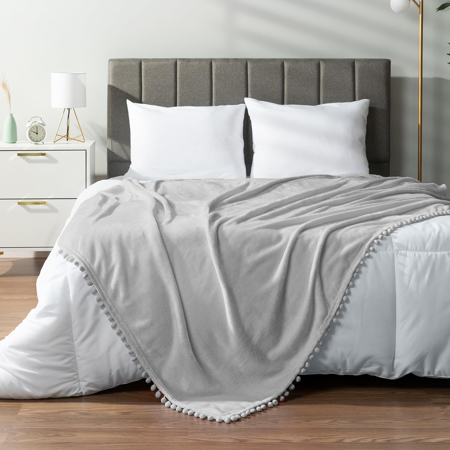 PAVILIA Fleece Throw Blanket for Couch with Pom Pom Fringe, Light Grey, Soft Cozy Fuzzy Flannel Blanket for Sofa Bed, Large Lightweight Plush All Season Throw, 60x80 Inches