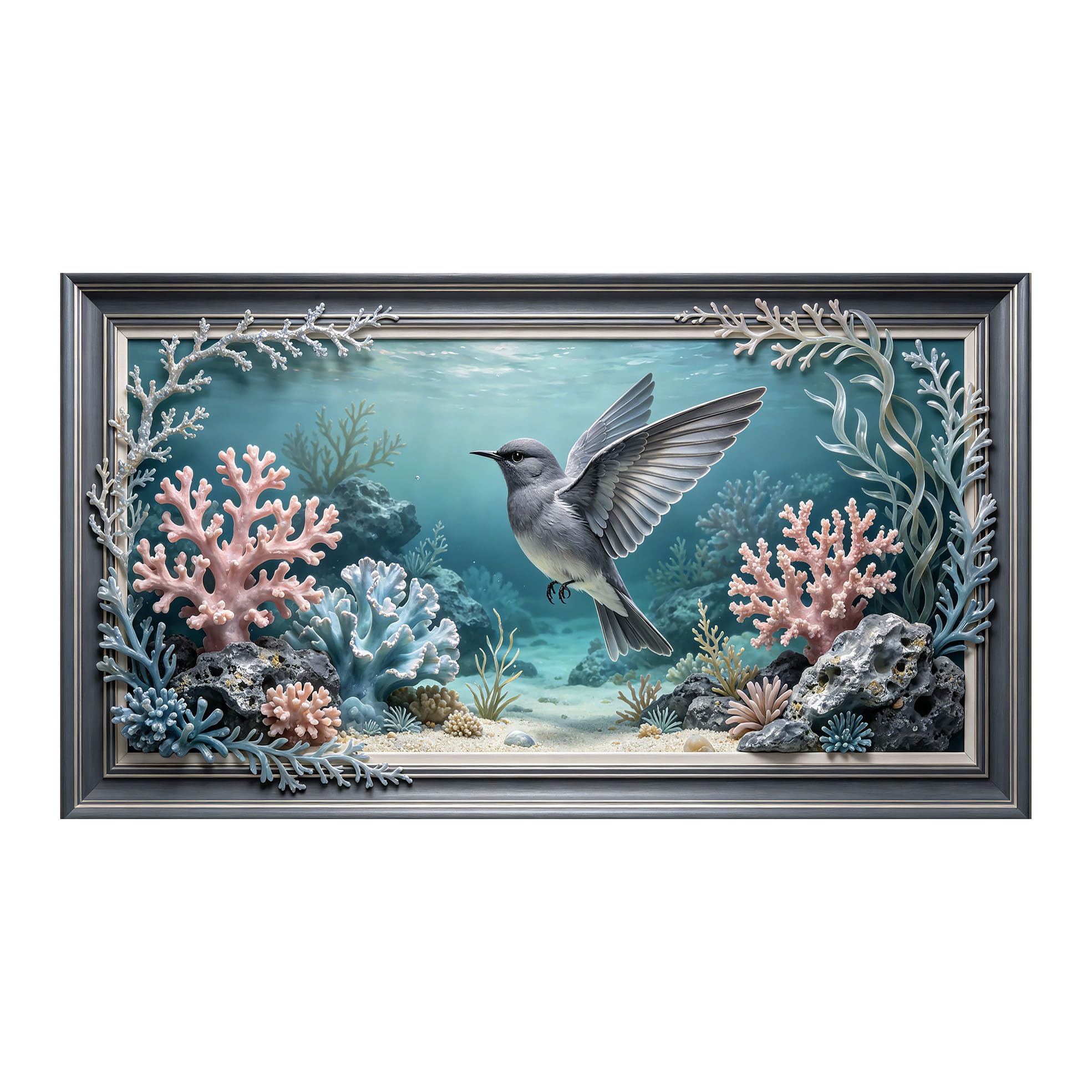 Yzpallescene 3D 3D Framed Wall Art 50cm×90cm Underwater Bird Coral Seascape Marine Style Large Size SelfAdhesive Removable Wall Decor Prints Artwork for Living Room Bedroom Office