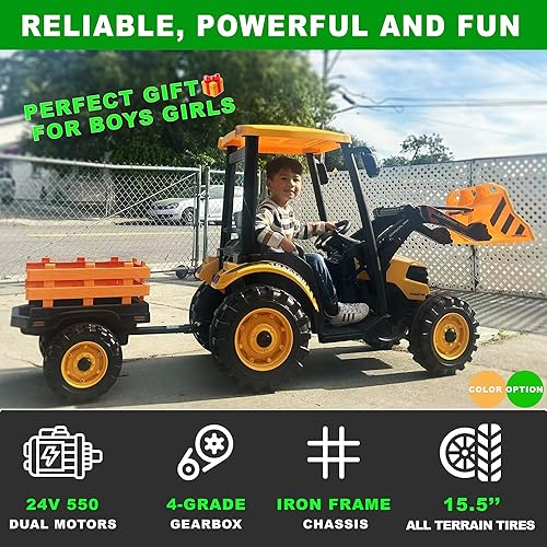 Miniatura 2 de Tractor de conducción para niños de 24 V, tractor de equitación 3 en 1 con remolque y cargador frontal, Power Wheels 24 V, juguetes para niños y
