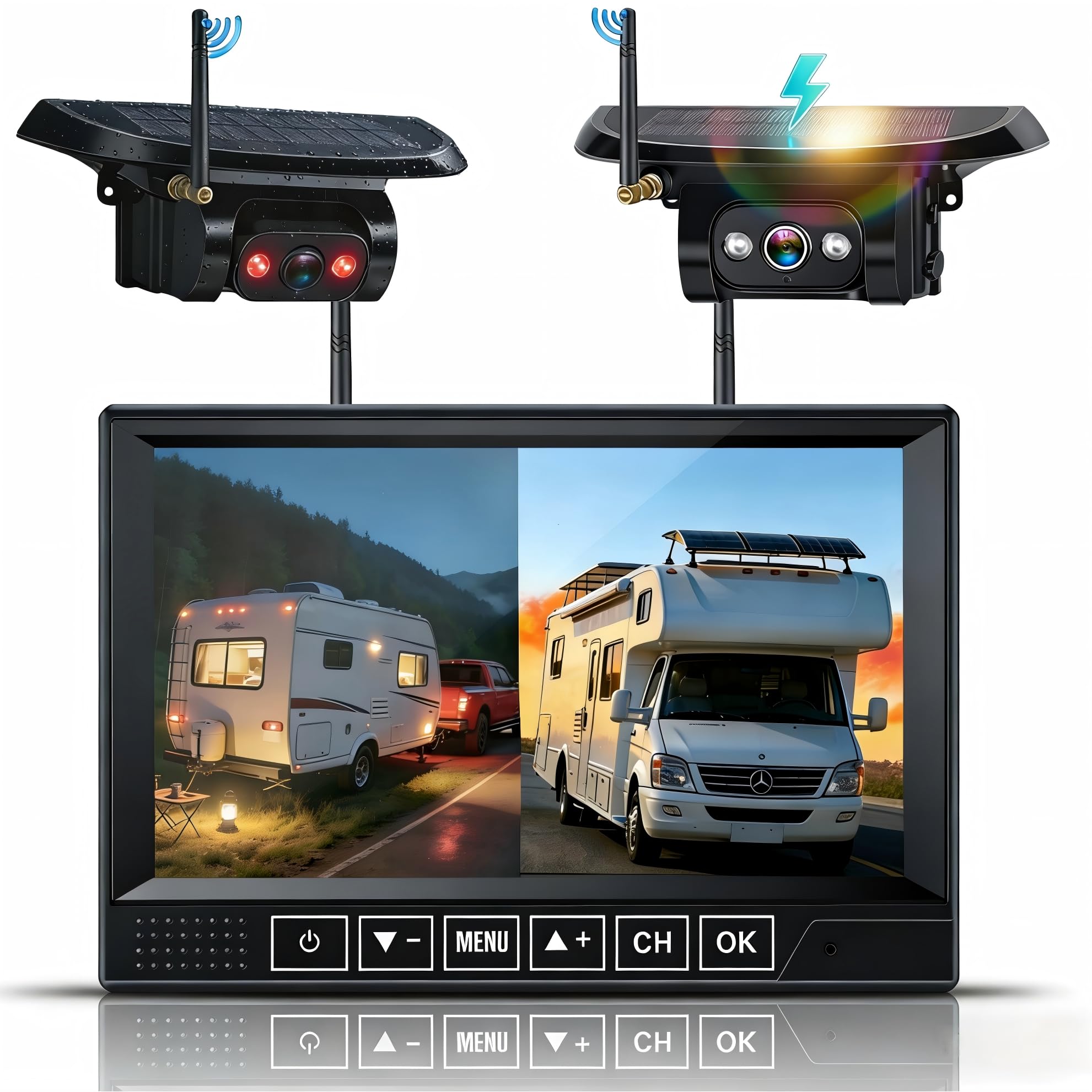 HD 1080P Dual Wireless Backup Camera: 1-Second Magnetic Easy Install RV Backup Camera with 7-inch Split-Screen DVR Monitor - 15200mAh Solar Battery, Up to 3-Day Trip for RV Camping & Travel Trailers
