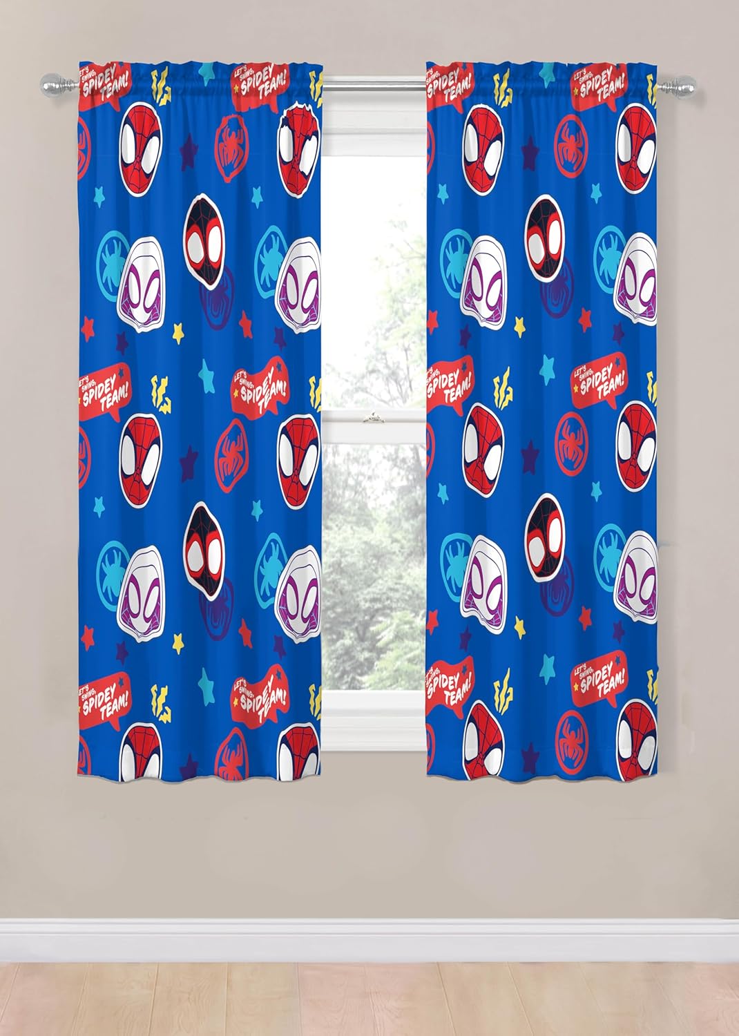 Jay Franco Window Curtains for Kids Bedroom 4-Piece Drape Set with 2 Tiebacks, Blue - Spidey & His Amazing Friends, 42" W x 63" L (Pack of 2)