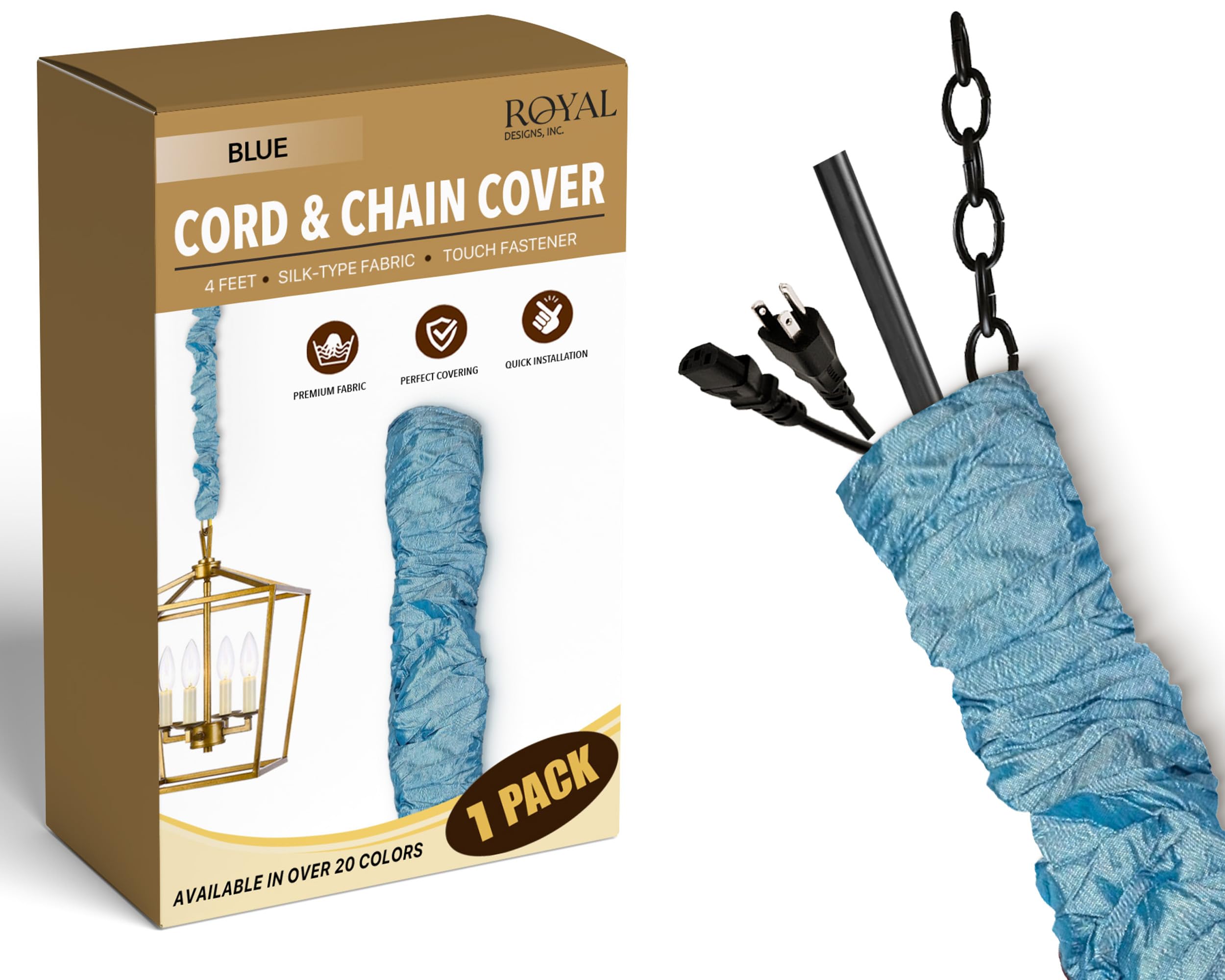 Royal Designs, Inc. Cord &amp; Chain Cover 4 ft Silk Type Fabric, Chandelier Pendant Lighting Chain &amp; Cable Management, Touch Fastener, Blue - 1 Pack
