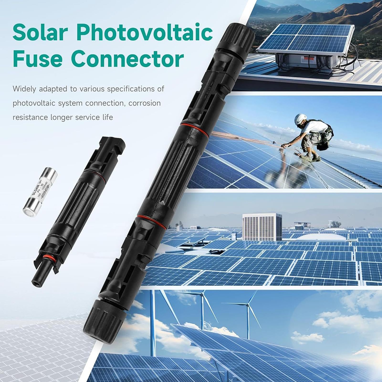4 portafusibles solares de 15 A – Portafusibles en línea IP67 impermeable con fusible MC4, conector macho y hembra adecuado para panel solar, controlador e inversor en sistema fotovoltaico CC 1000 V