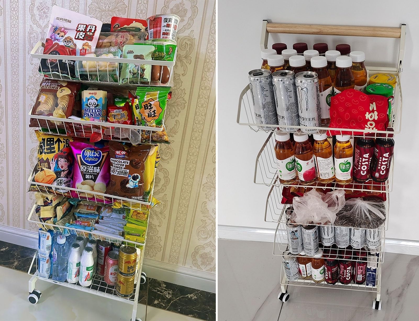 5-Tier Snack Cart Organizer with Wheels, Adjustable Fruit Vegetable Basket Candy Display, Metal Retail Chip Rolling Holder for Concession Stand