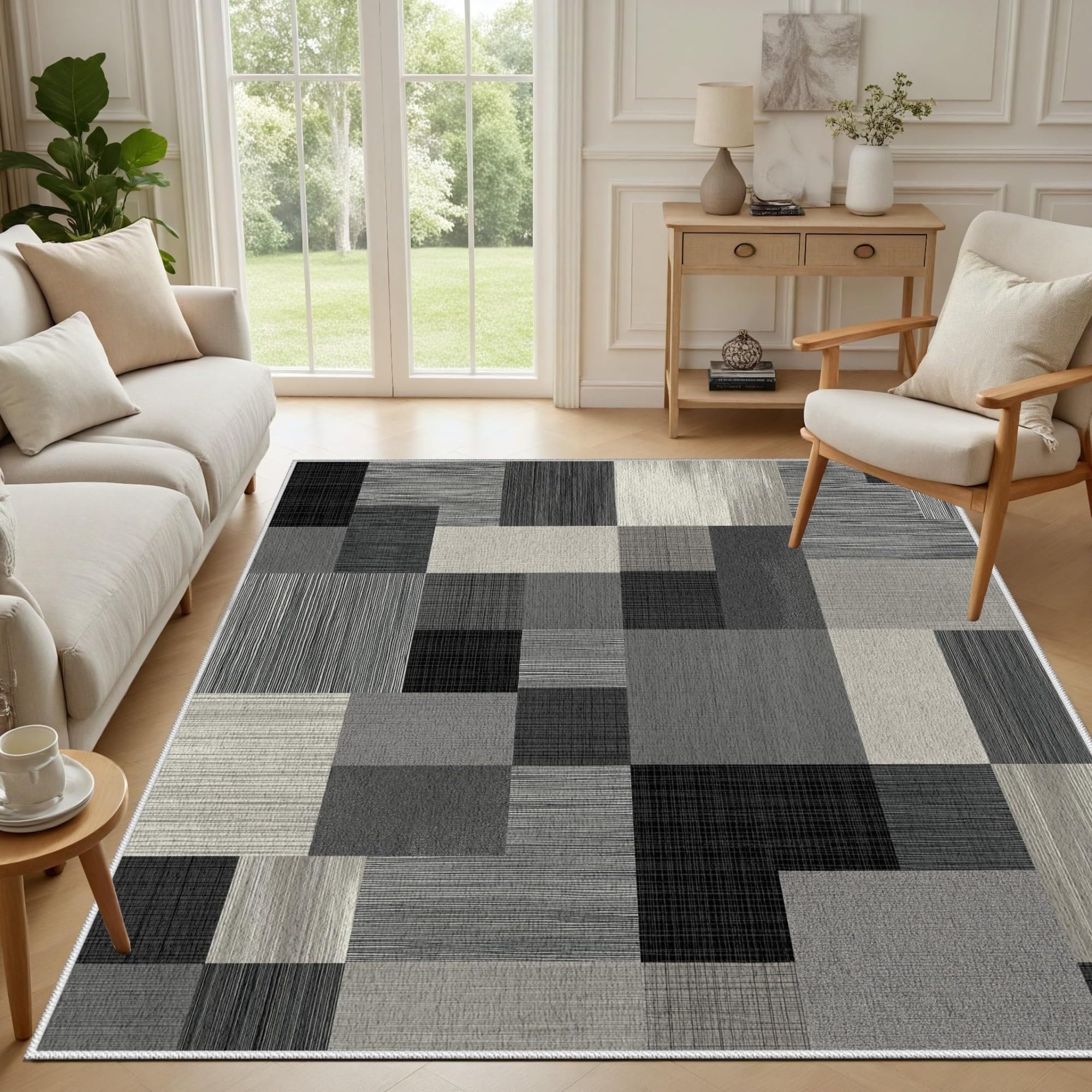 Tapis gris geometrique 80x150 cm lavable et antiderapant pour chambre