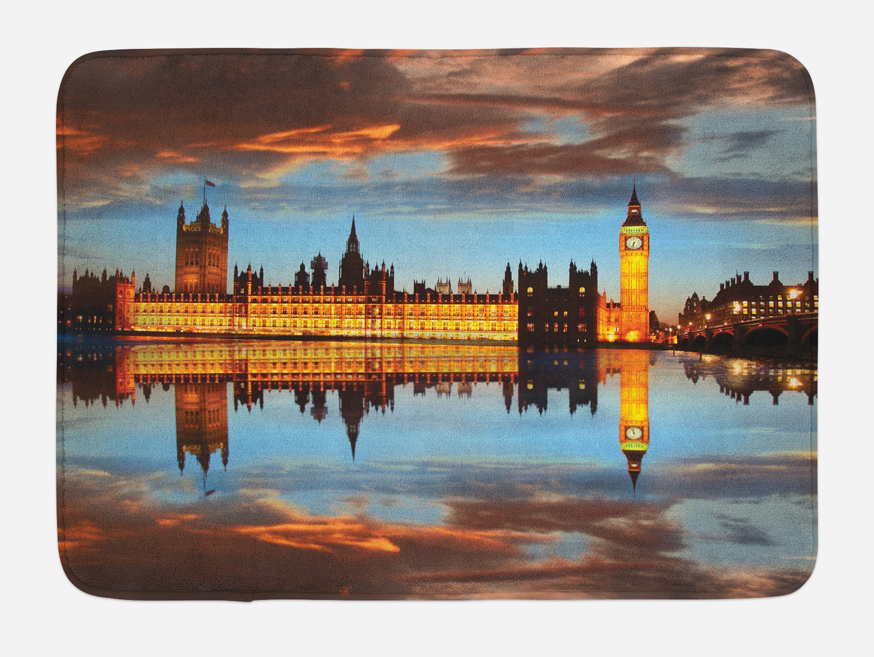 Lunarable London Bath Mat, Splendent Scene of Big Ben Westminster Cloudy Night Thames River Image, Plush Bathroom Decor Mat with Non Slip Backing, 30.2" x 20", Warm Taupe Orange Yellow