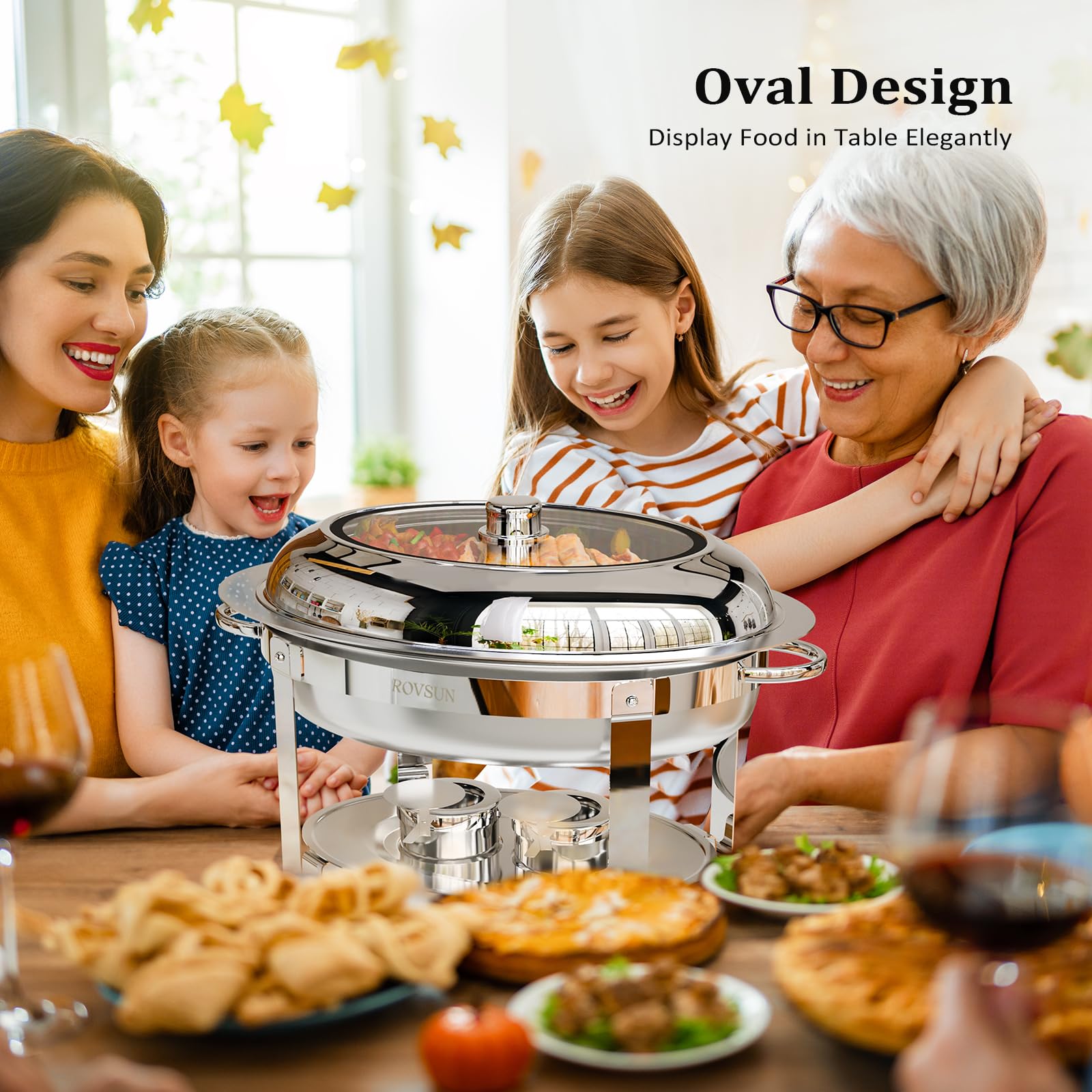 ROVSUN Juego de 2 platos ovalados para buffet, juego de platos de acero inoxidable de 6 cuartos de galón con tapa de cristal, chafers y calentadores de buffet para fiestas, catering, bodas, banquetes,