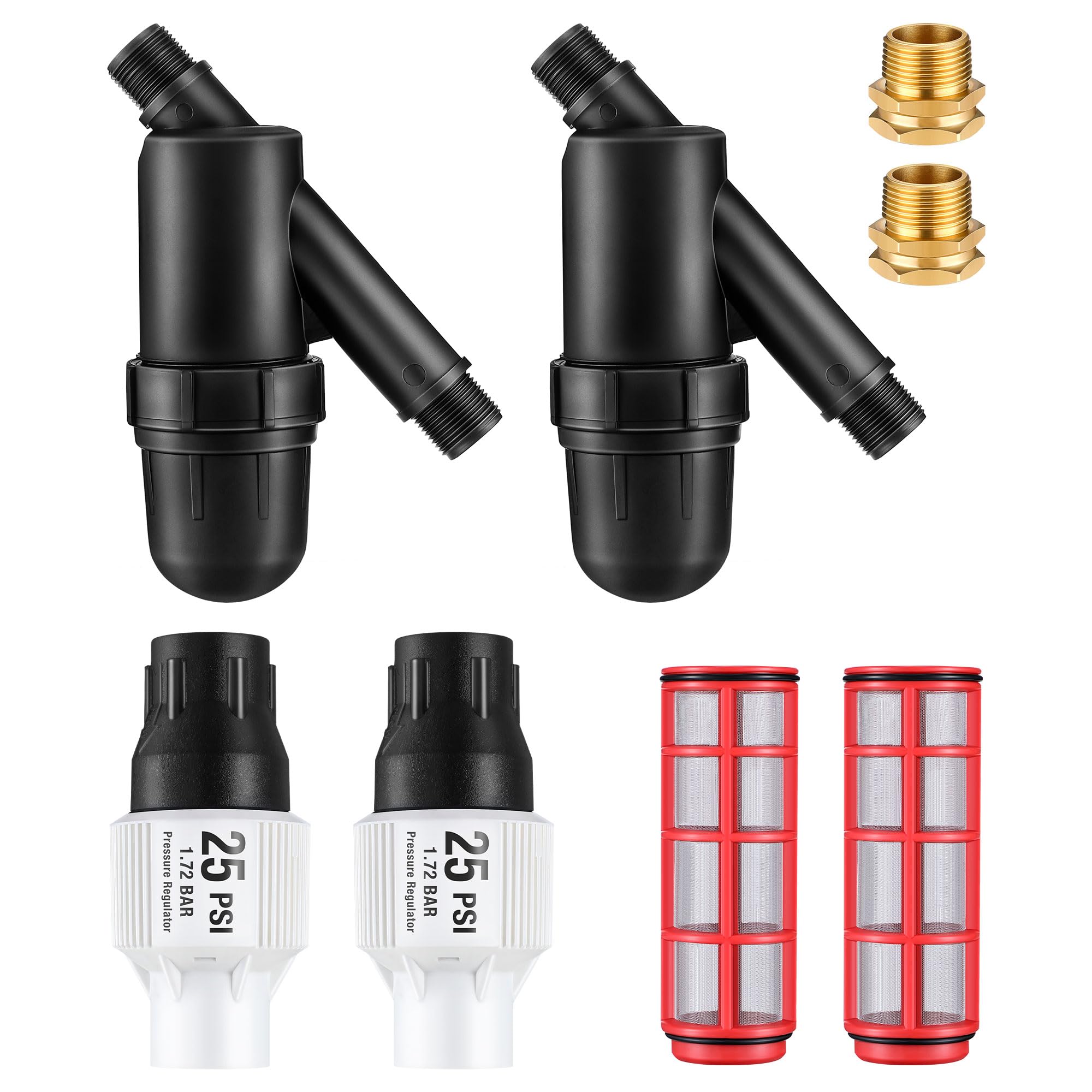 Drip Irrigation Pressure Regulator and Filter 25 PSI Water Backflow Preventer for 3/4'' Garden/Faucet Hose Thread and Drip Irrigation Inline Y Filter 3/4" x 3/4" FHT Hose Connection (2 Pack)