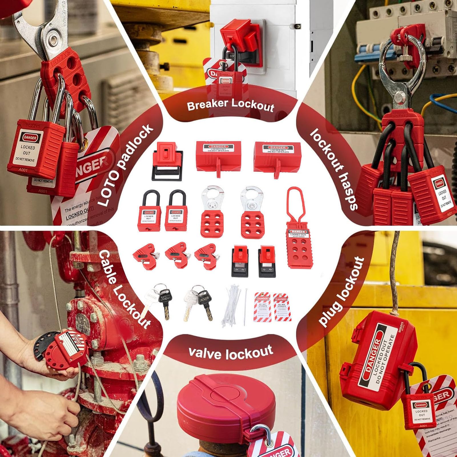 Aramox Kit de Bloqueo y Etiquetado, Kit de Loto Eléctrico con Dispositivos PA de Acero Inoxidable y Nailon, Bolsa, Candados Cerrojos, para Mantenimiento Mecánico Neumático Eléctrico