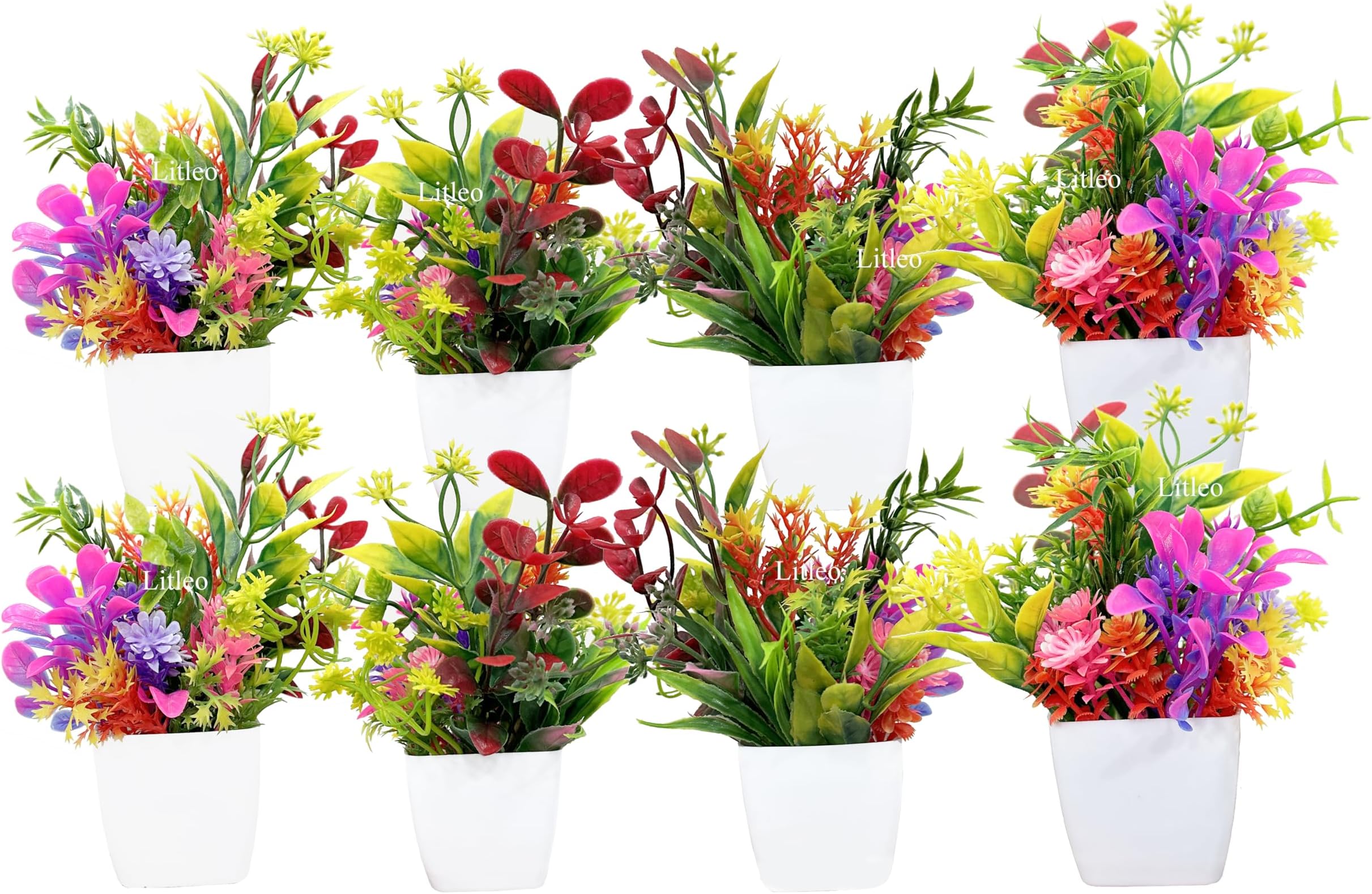 Litleo Artificial Flowers Mini Fake Potted Plants, Small Eucalyptus Potted Multi Design Mix Color Grass Plant with White Pot for Home Decor, Indoor, Office, Desk, Shelf, Table Decoration (Pack of 8)