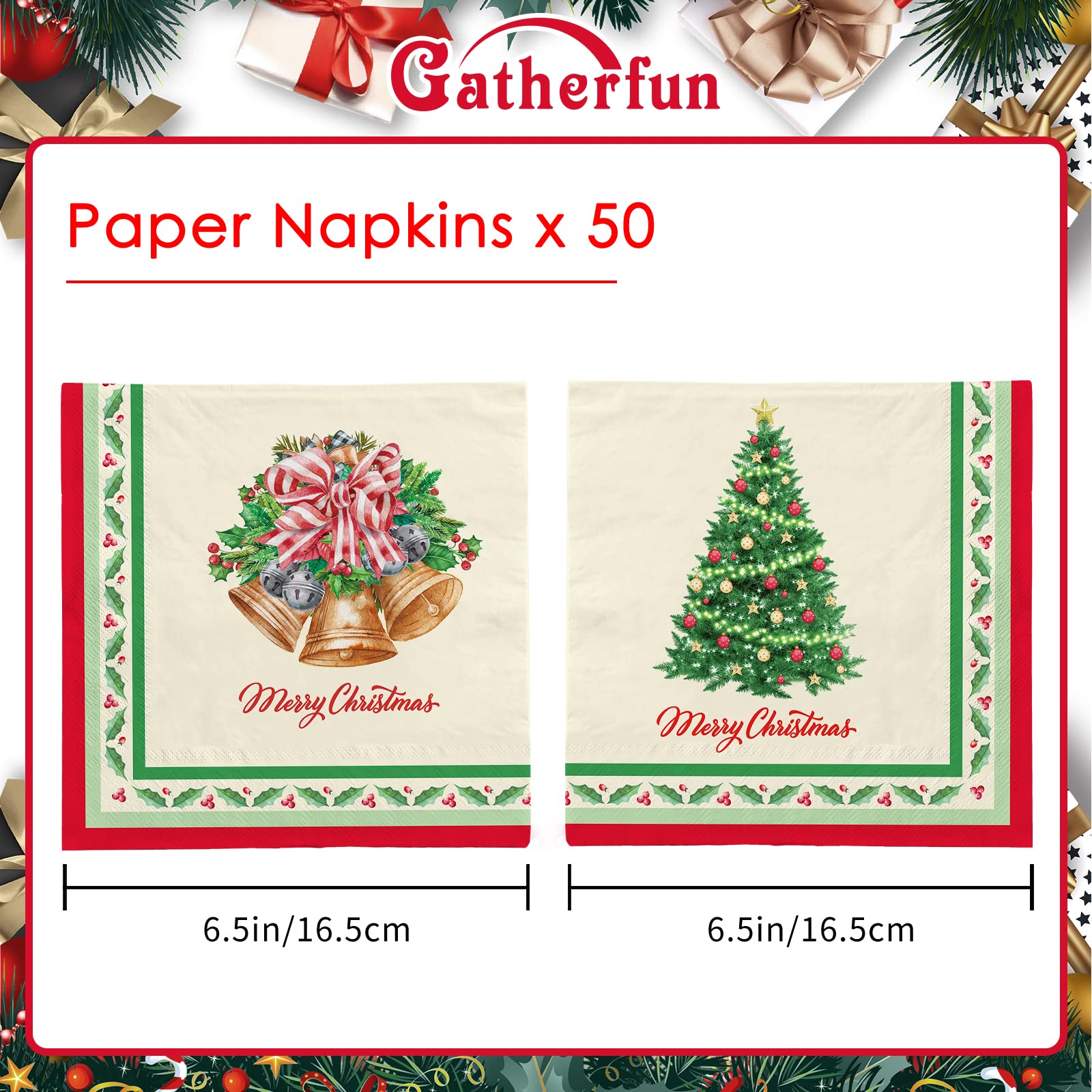 Christmas Party Supplies, Christmas Tree Paper Napkins for Merry Christmas and New Year Party Decorations, 50 Pack, Christmas Tree and Christmas bell Design