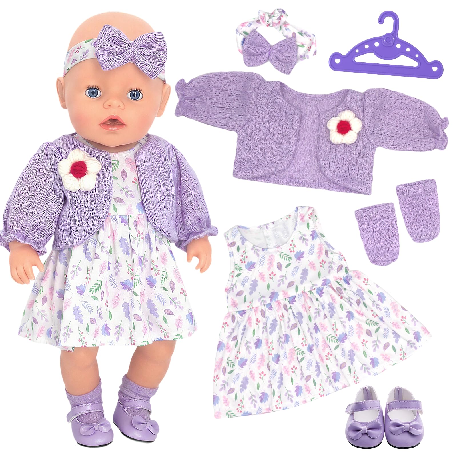 6 Pcs Doll Clothes for 14-17 Inch Baby Dolls Sweet Purple Doll Clothes