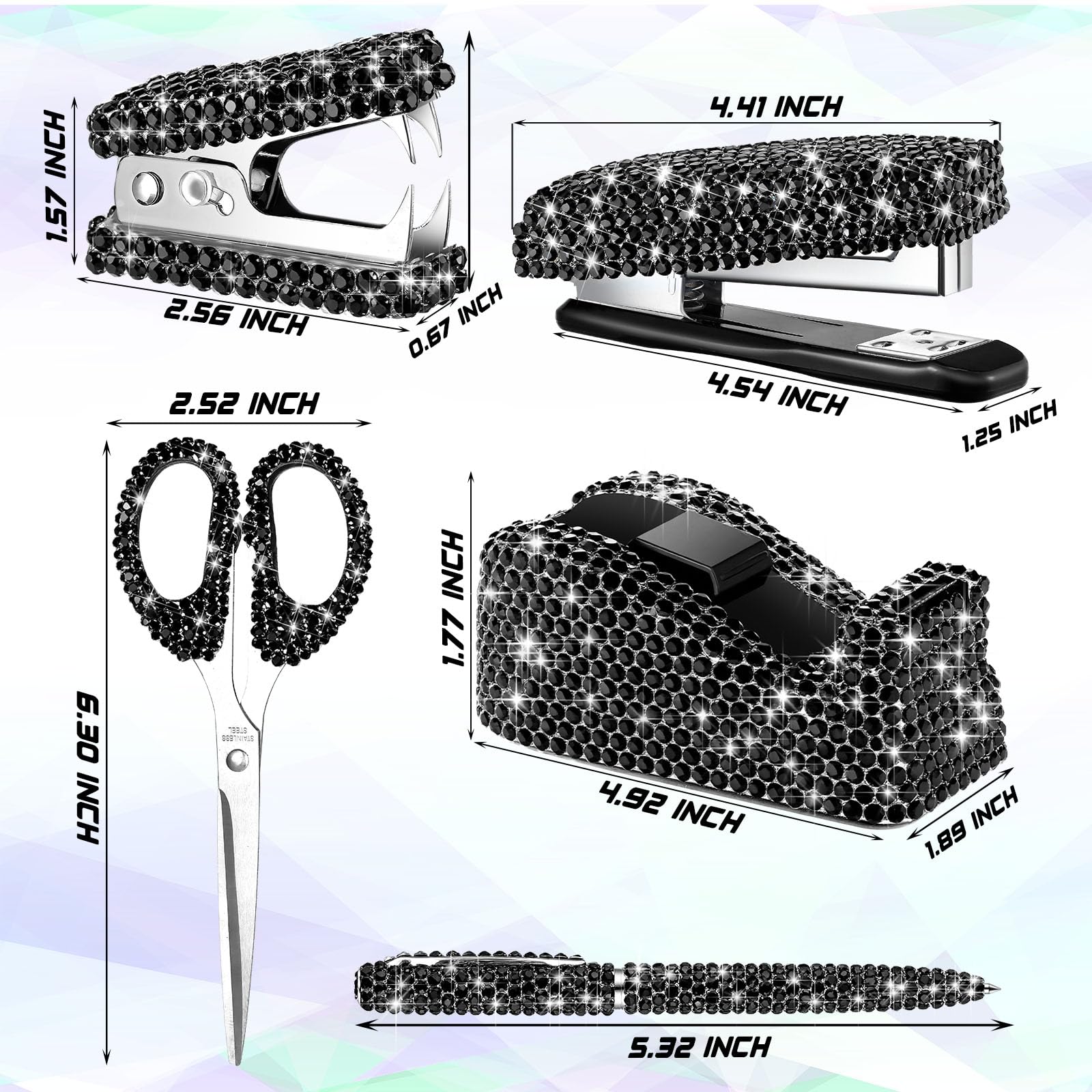Demissle 7-teiliges Schreibtisch-Zubehör-Set mit Glitzerkristall, Bürobedarf-Set für Frauen, Diamant-Klebebandabroller, Strass, Hefter, Kartenhalter, Bleistift, Topflappen, Schere, Kugelschreiber